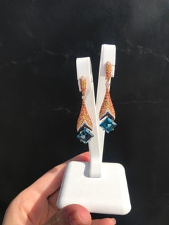 Ukrainian Yellow Orange Sapphire Blue Topaz 18 Karat Gold Diamond Drop Earrings
