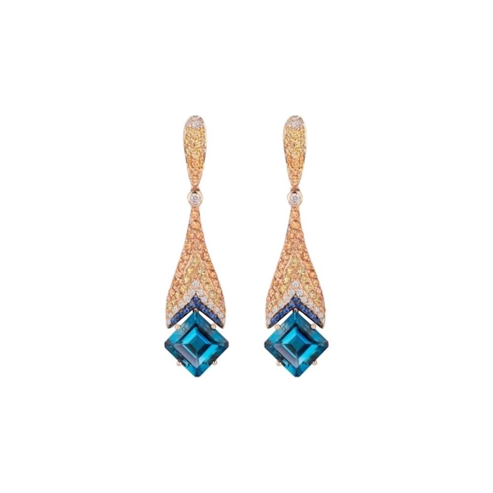 Ukrainian Yellow Orange Sapphire Blue Topaz 18 Karat Gold Diamond Drop Earrings For Sale