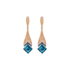 Ukrainian Yellow Orange Sapphire Blue Topaz 18 Karat Gold Diamond Drop Earrings