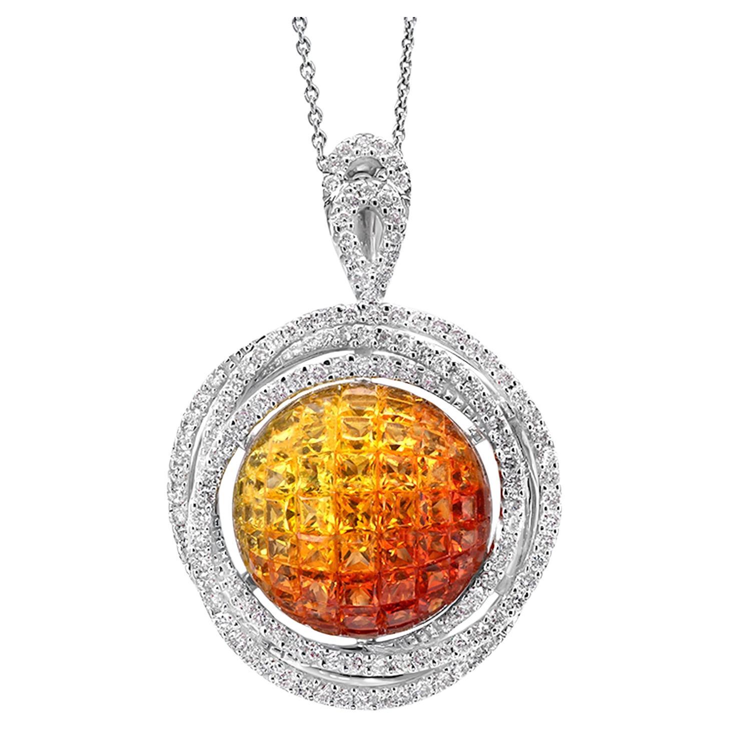 Yellow Orange Sapphire Pendant Necklace Diamond Halo 6 Carats 14K White Gold