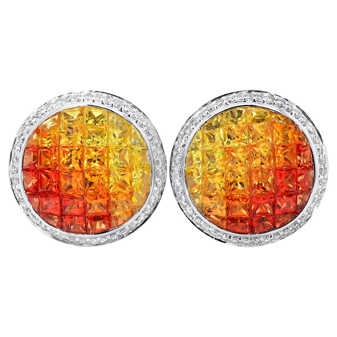 Yellow Orange Sapphire Stud Earrings Diamond Halo 7.7 Carats 14K White Gold