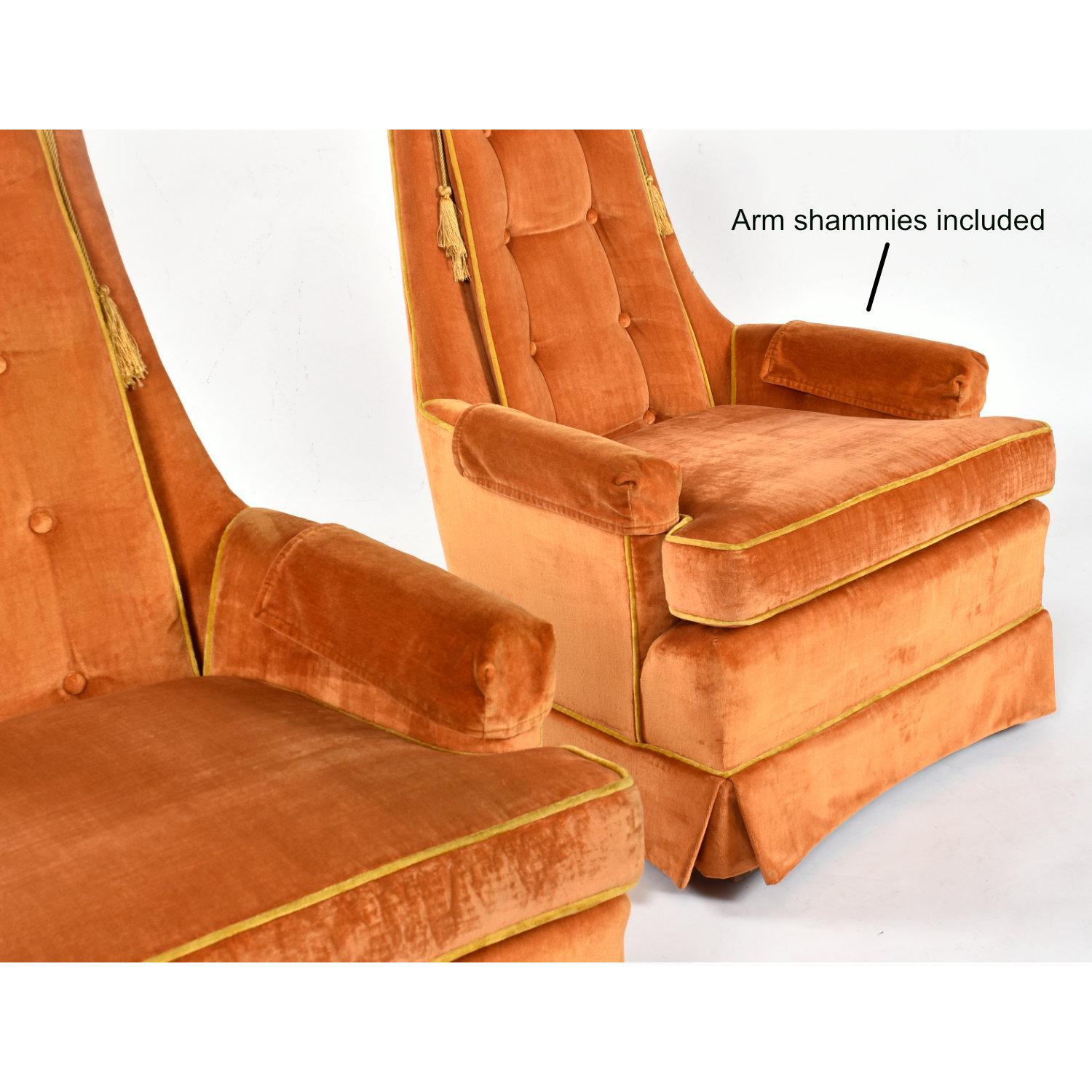 Mid-20th Century Yellow Orange Velvet Tufted High Back Lounge Chair Set by McAfee