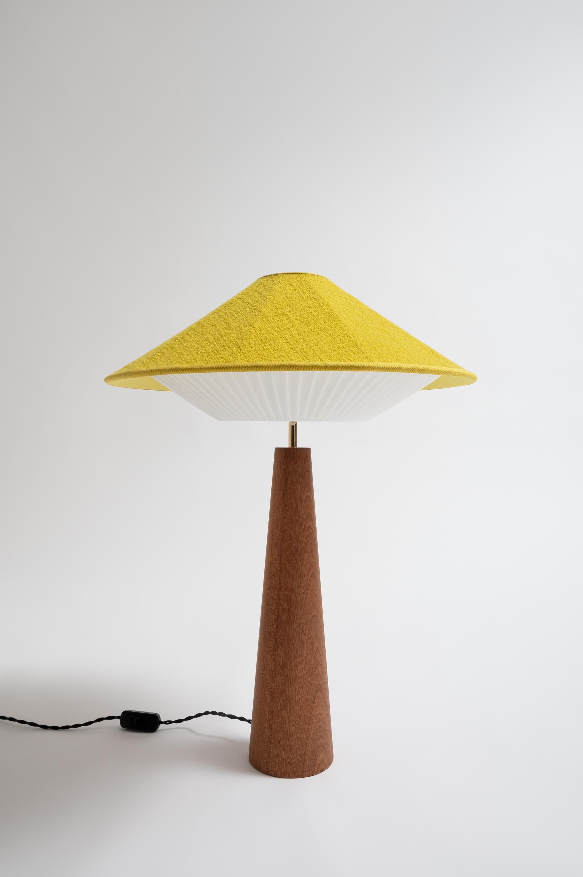 Yellow Otto Table Lamp by Servomuto
Dimensions: D 50 x H 67 cm
Materials: Upper Lampshade: Rubelli / Dedar fabric. Lower Lampshade: Pleated pongé bends. Structure: Mahogany base and brass-plated iron details.
Weight: 3 Kg. 

Derived from the