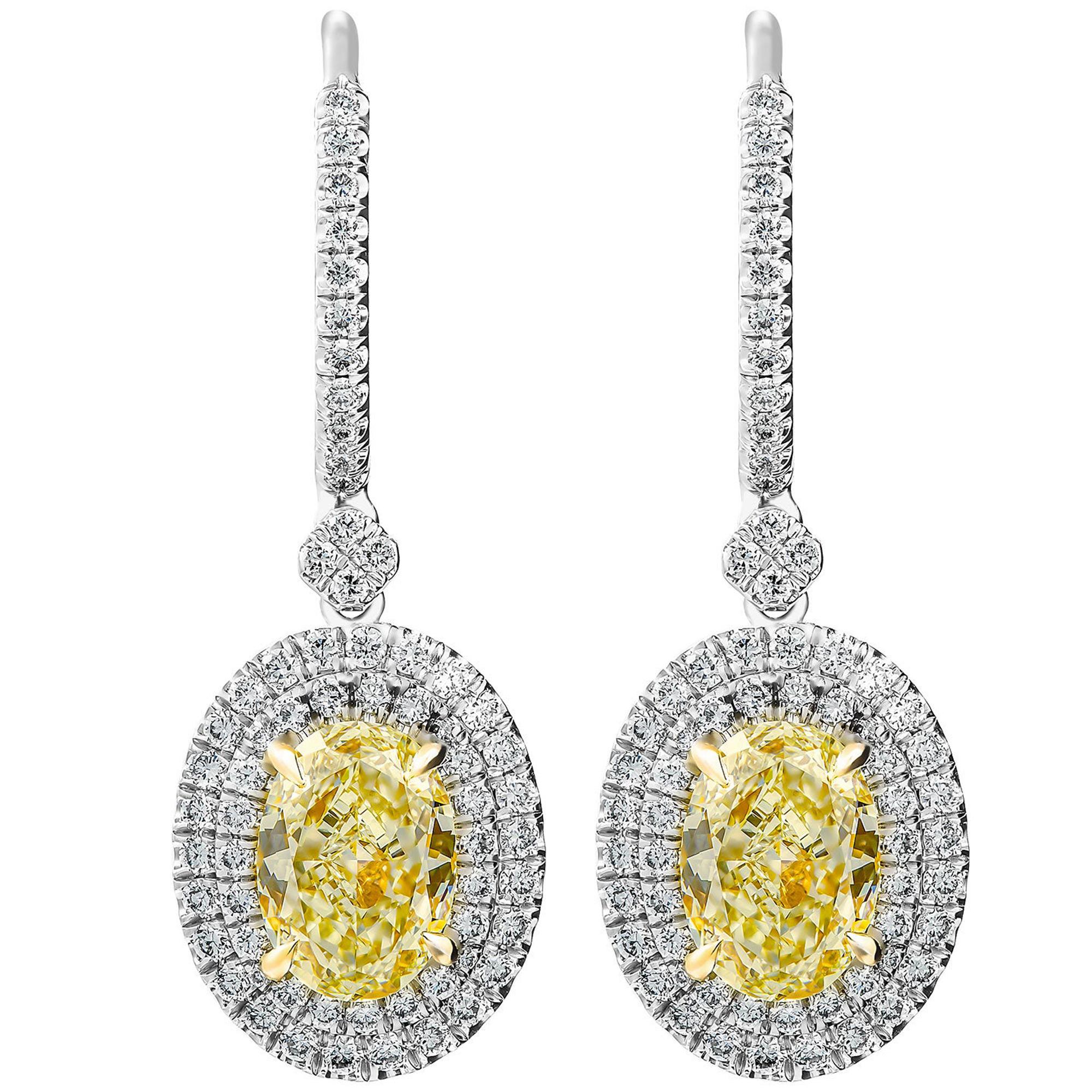 Yellow Oval Diamond Earrings with Double Halo For Sale