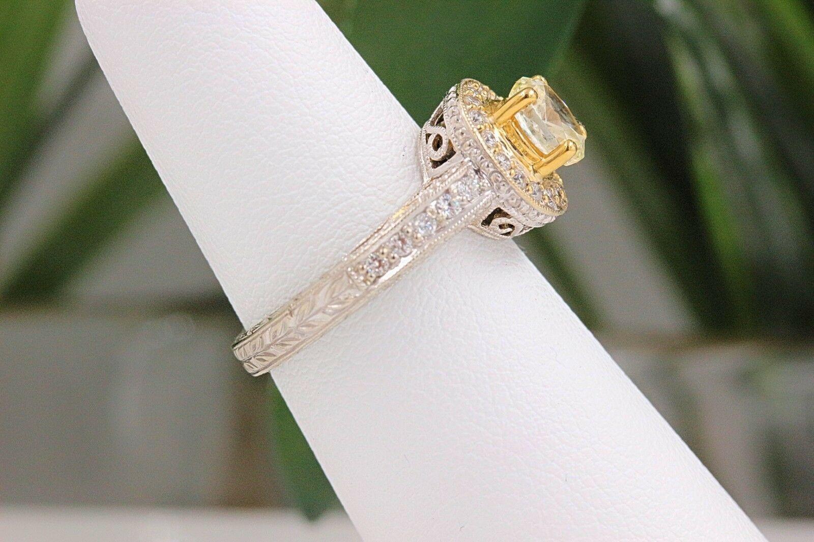 Yellow Oval Diamond Engagement Ring 0.93 Carat in 18 Karat White Gold For Sale 5
