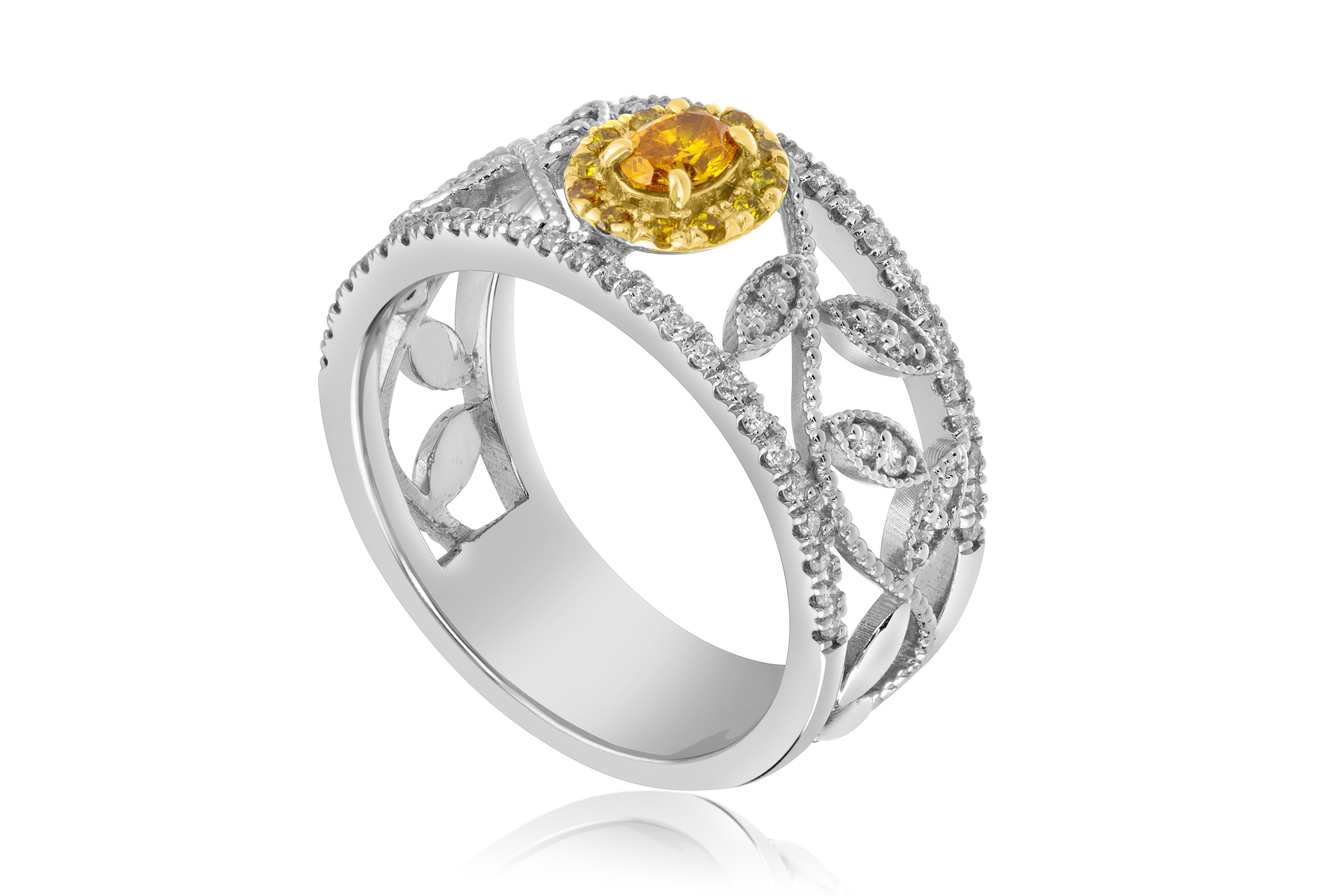 Enhance your style with this exquisite ring featuring a .18 carat fancy brownish orange-yellow diamond as its center stone. The unique color of the diamond adds a captivating and vibrant element to the ring, making it truly special.

The center