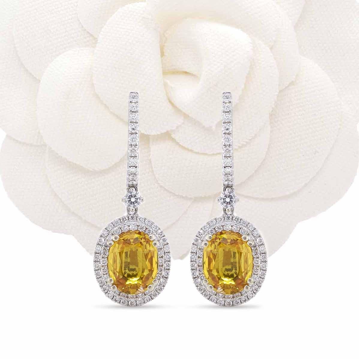 Brilliant Cut Yellow Oval Sapphires Earrings in 18k White Gold For Sale