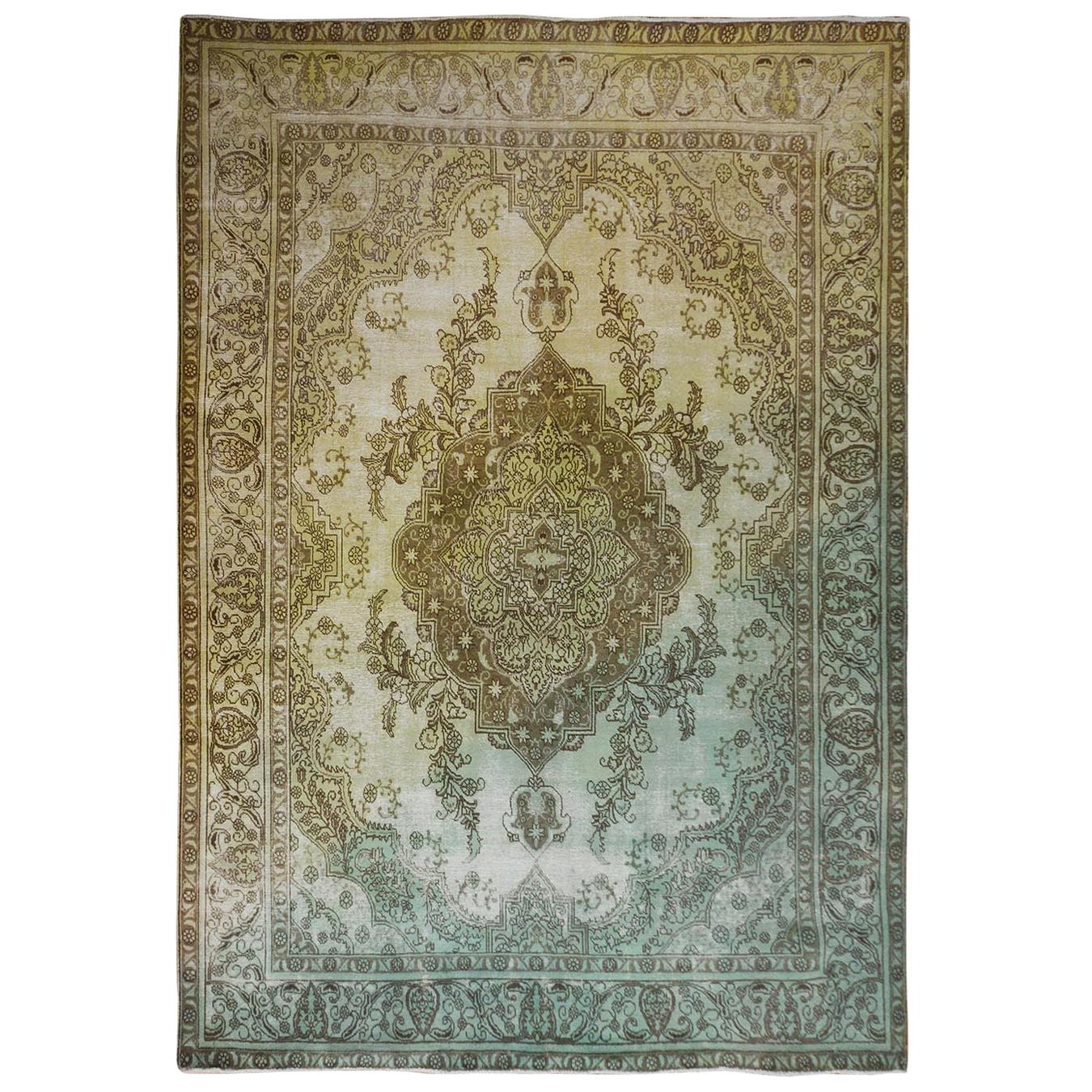 Yellow Overdyed and Vintage Worn Down Persian Tabriz Pure Wool Oriental