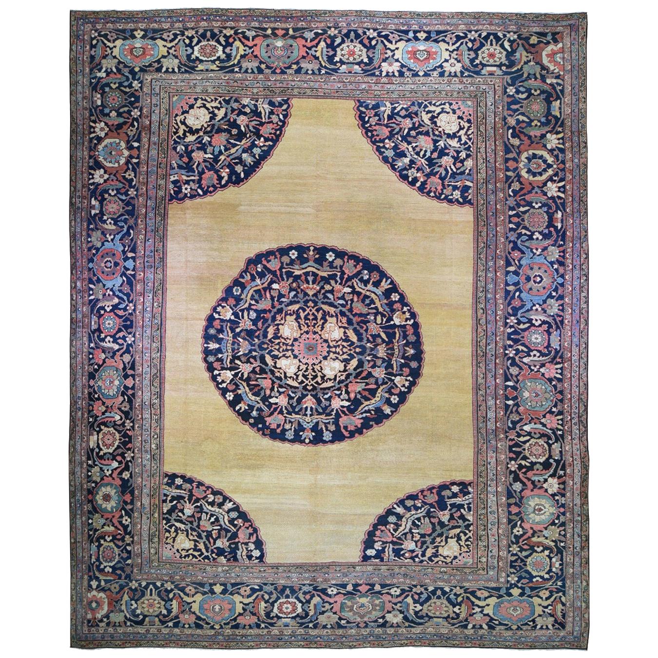 Yellow Oversized Antique Persian Hand Knotted Oriental Rug, 16'3" x 19'10" For Sale