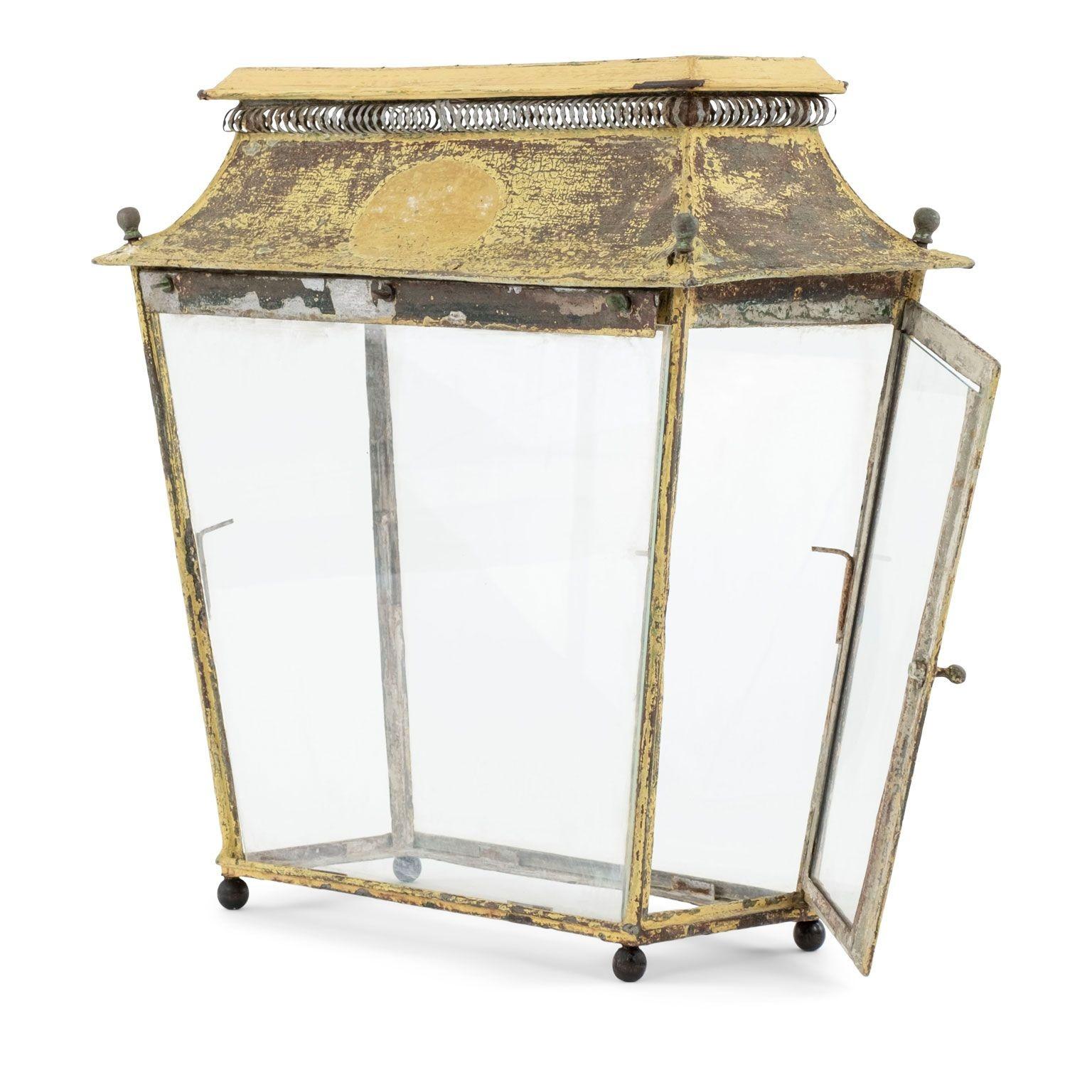 Neoclassical Yellow Painted French Tole Lantern For Sale