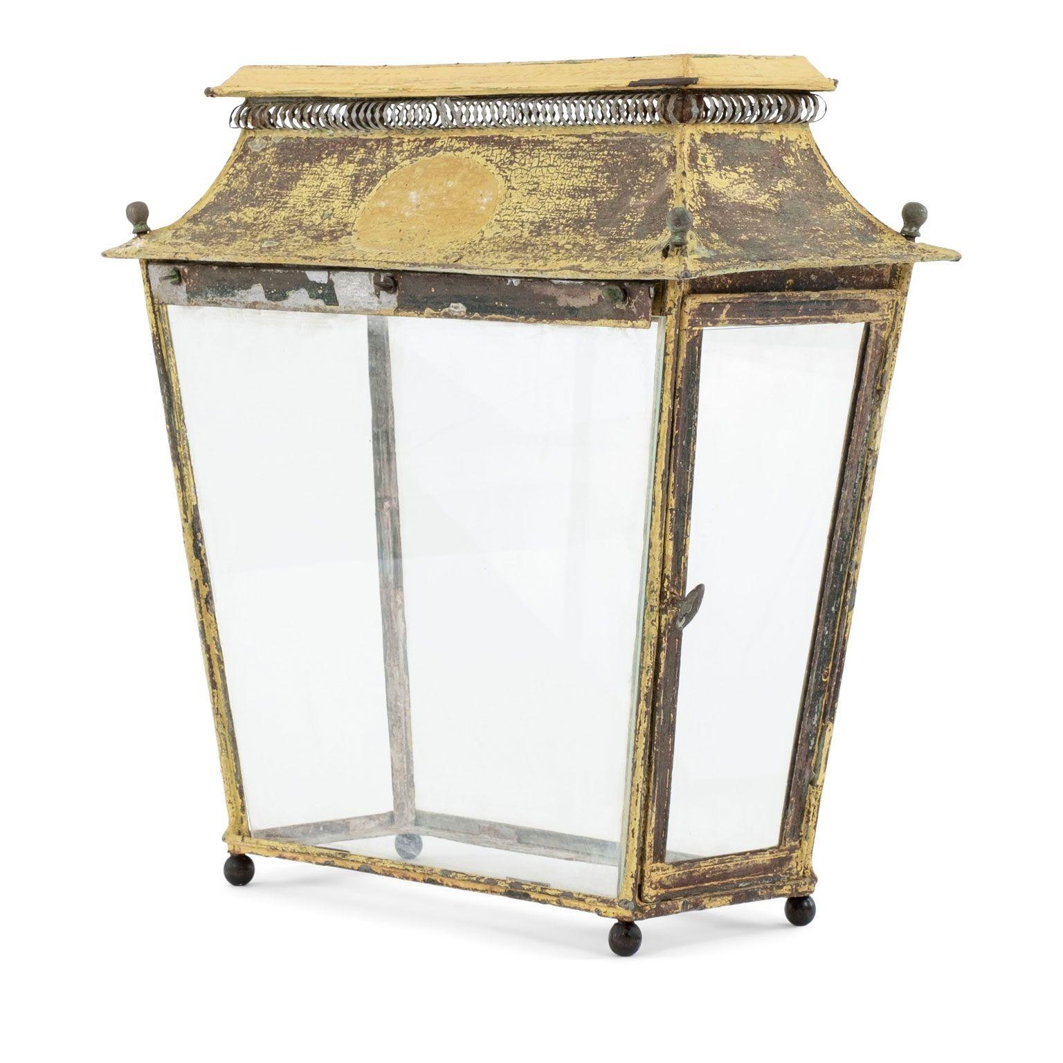 Forged Yellow Painted French Tole Lantern For Sale