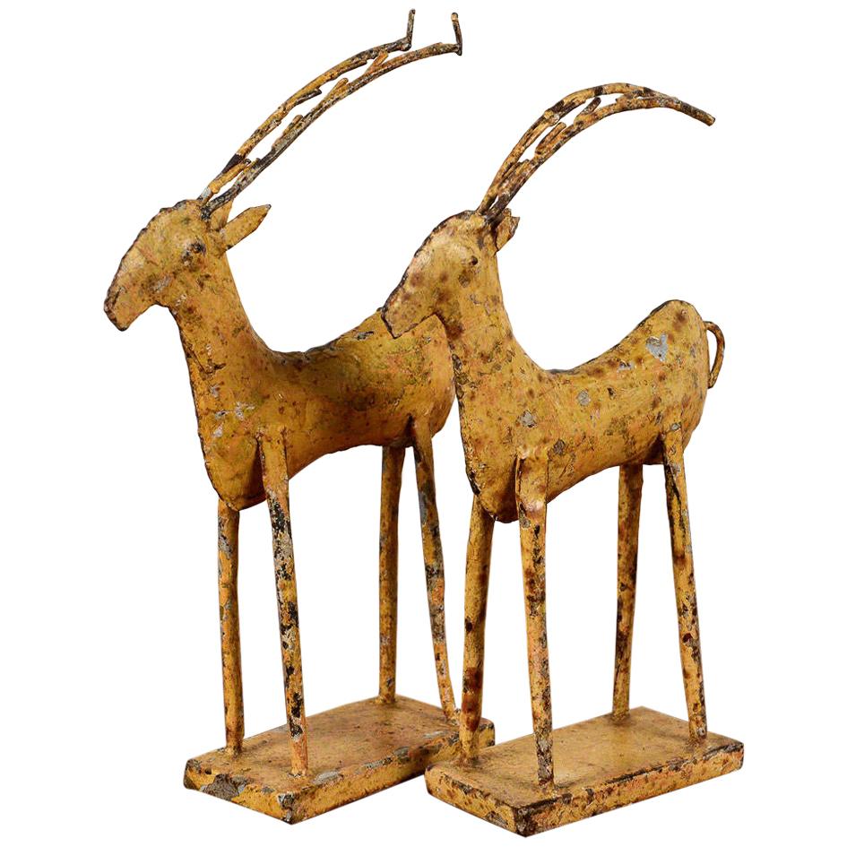 Yellow Painted Iron Deer with Antlers Figures, 20th Century For Sale