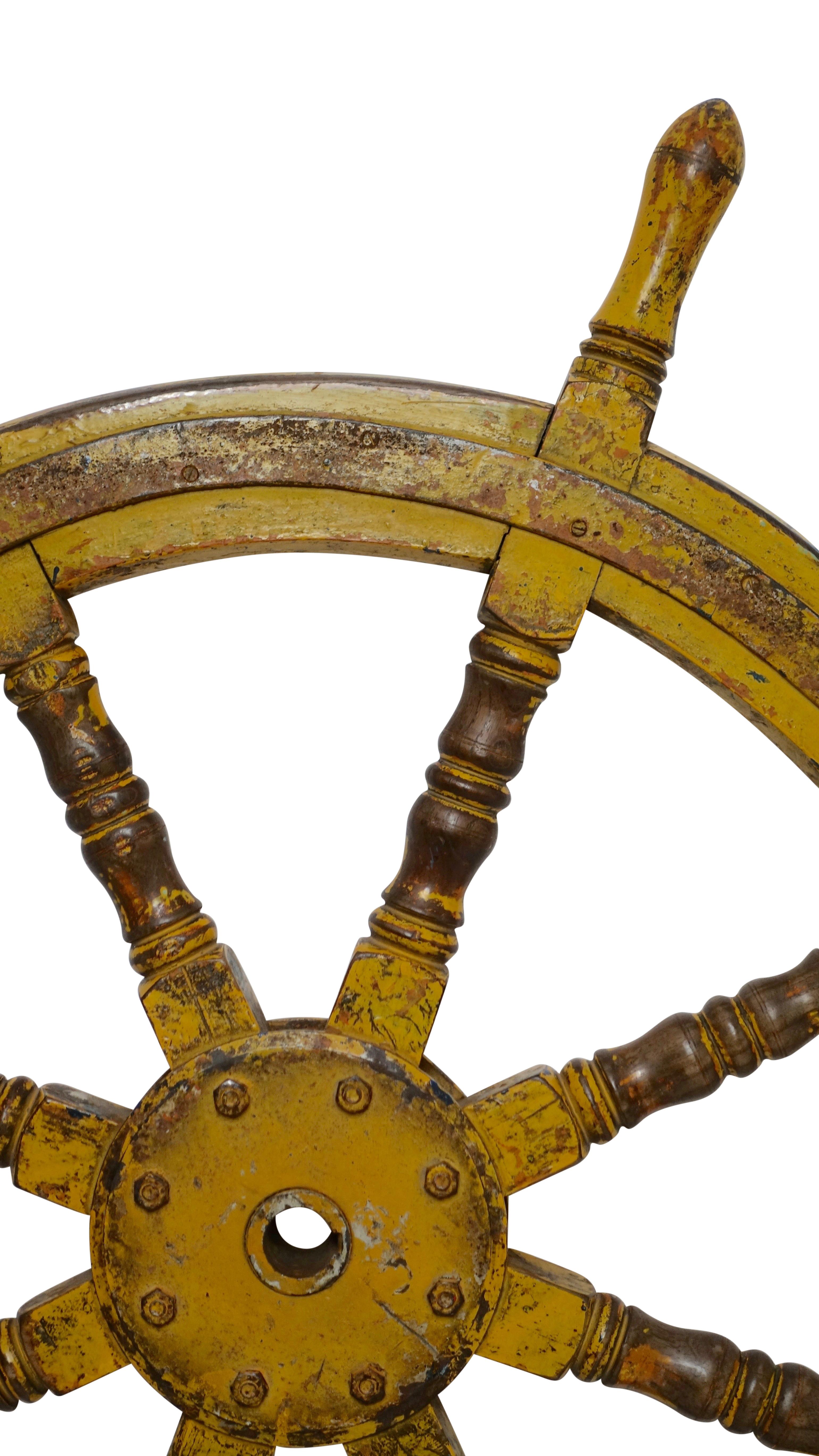 Yellow Painted Ships Wheel, 19th Century In Good Condition In San Francisco, CA