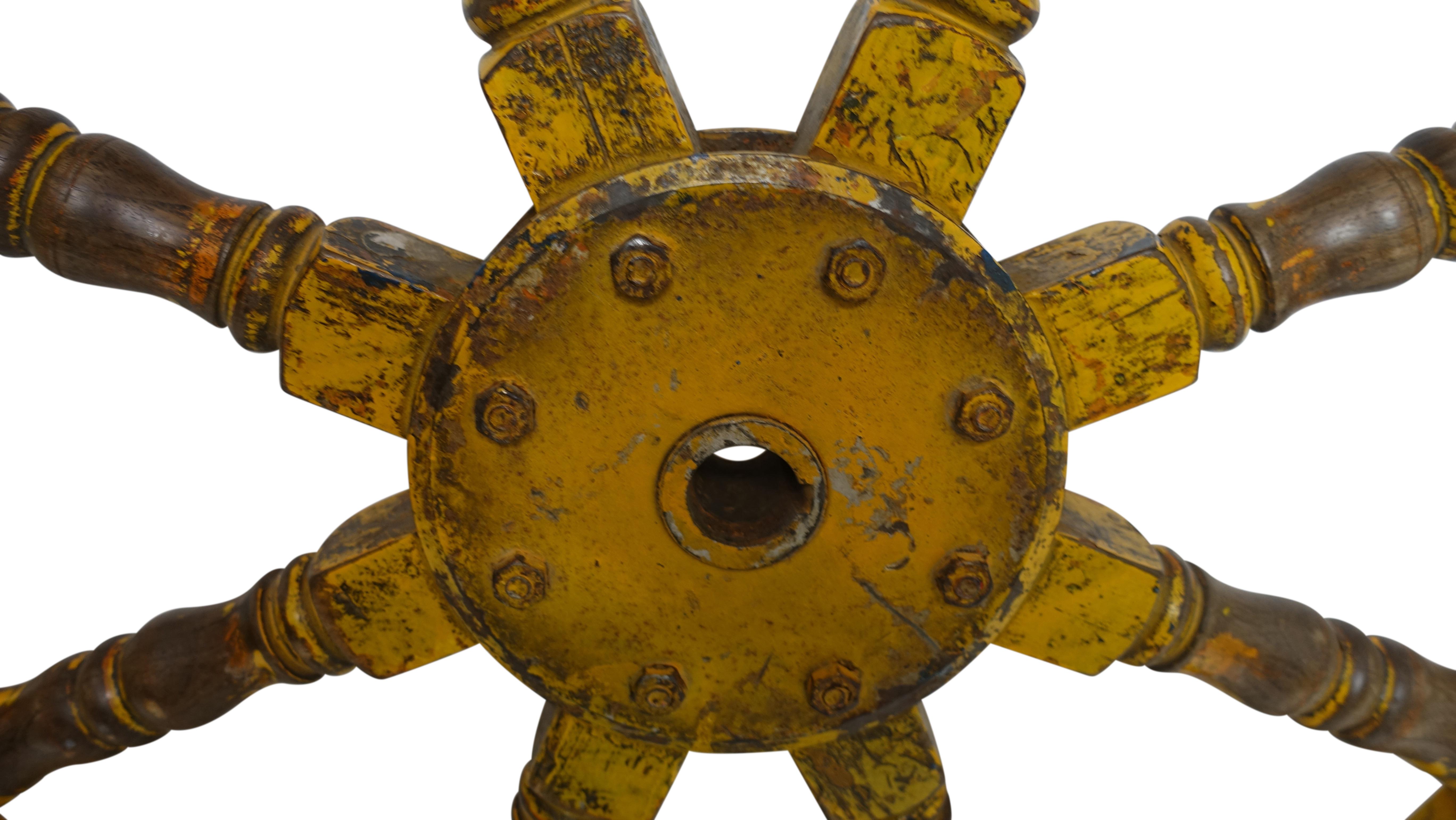 Walnut Yellow Painted Ships Wheel, 19th Century