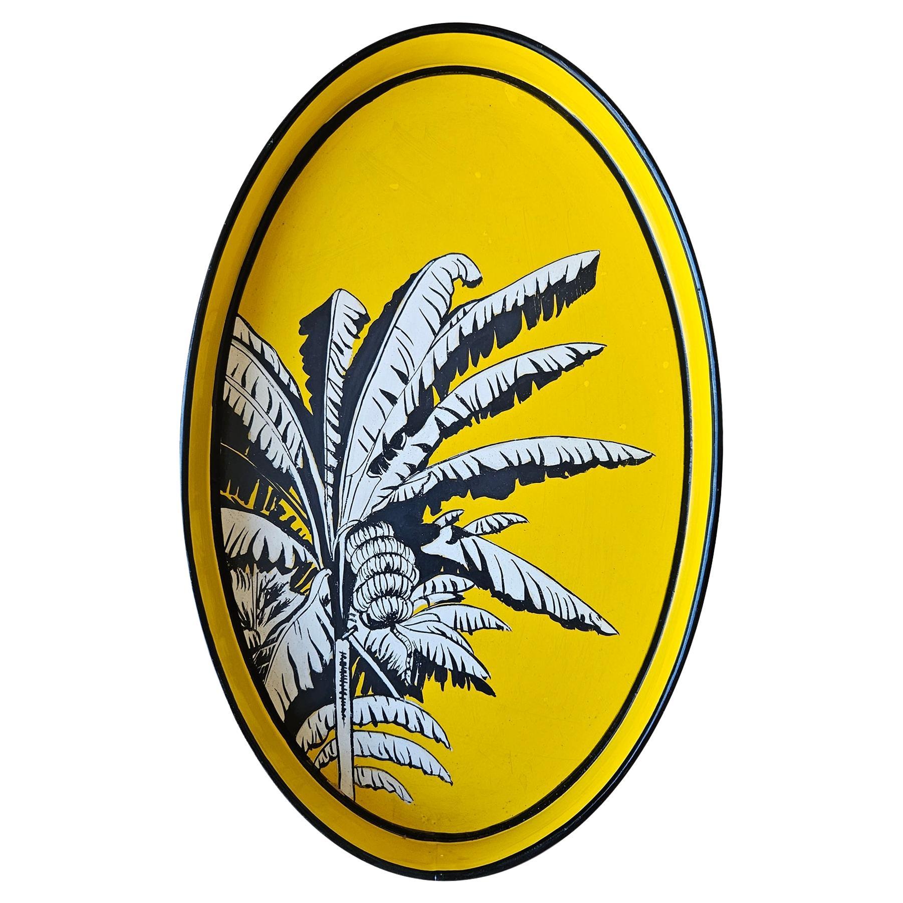 Yellow Palm Handpainted Iron Tray For Sale