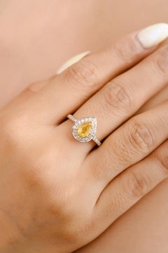 0.89 Ct Pear Cut Yellow Sapphire Diamond 18k Solid Yellow Gold Engagement Ring