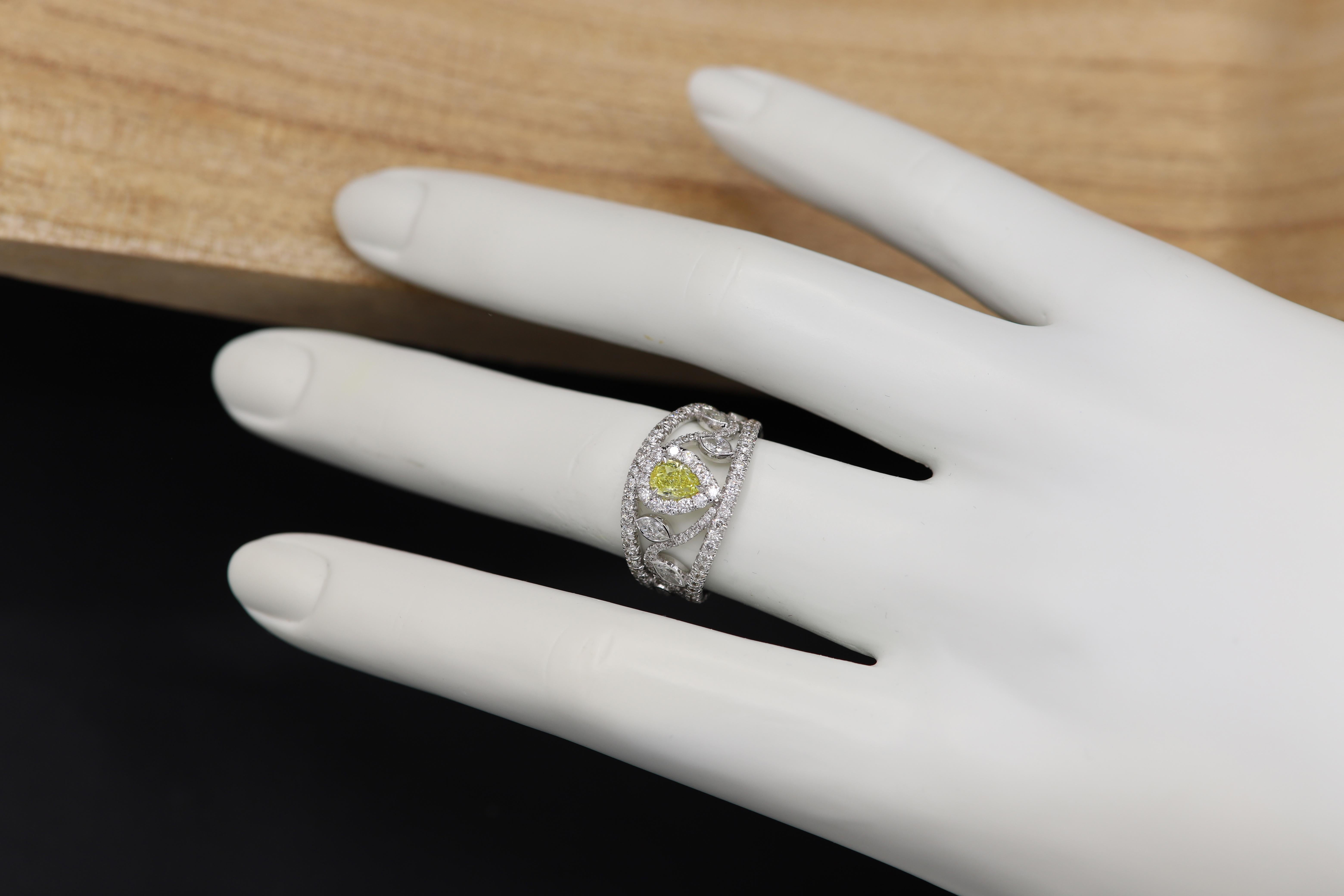 Yellow Pear Diamond Ring Mix Shape Diamonds 18 Karat Gold GIA Yellow Diamond  For Sale 5