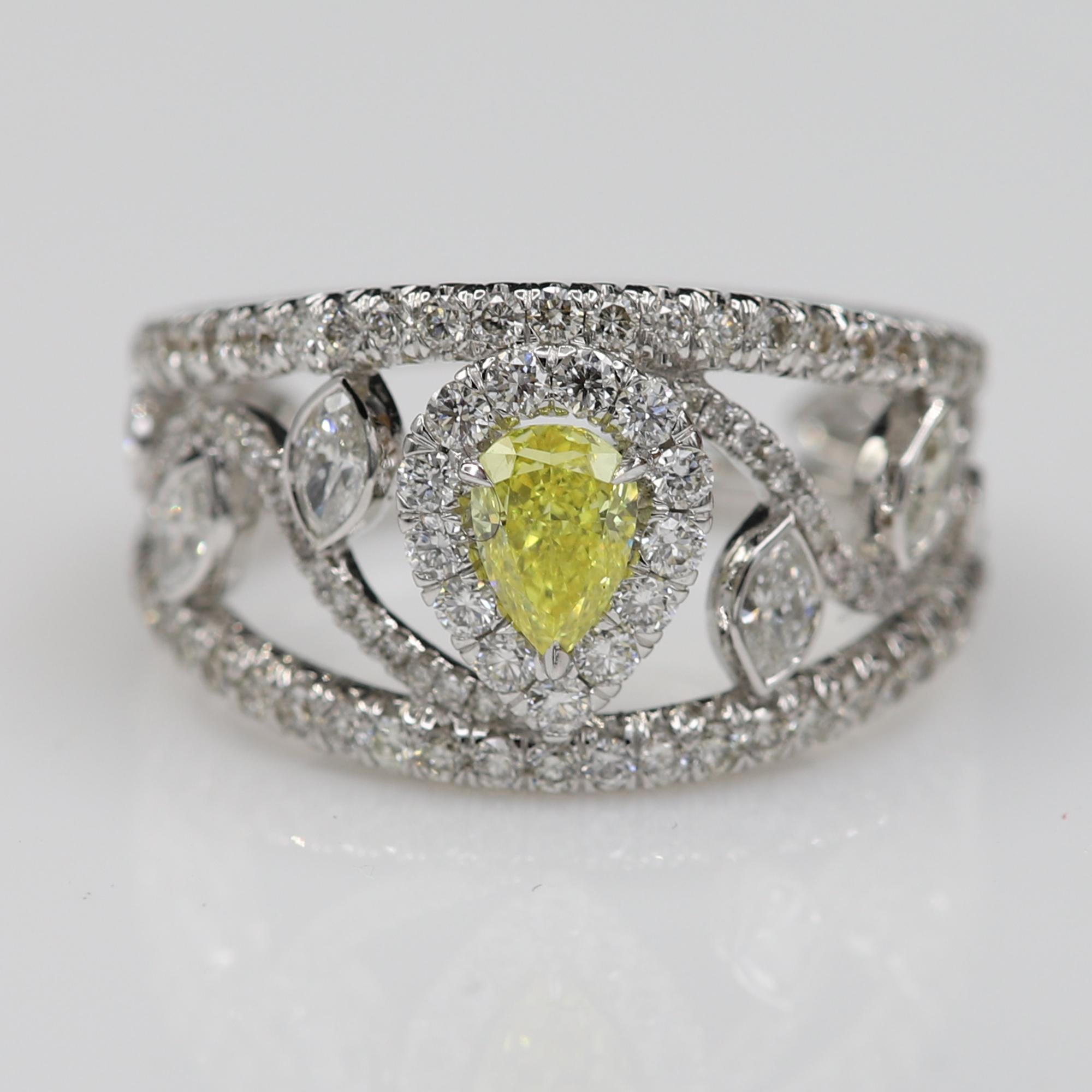 Yellow Pear Diamond Ring Mix Shape Diamonds 18 Karat Gold GIA Yellow Diamond  For Sale 6
