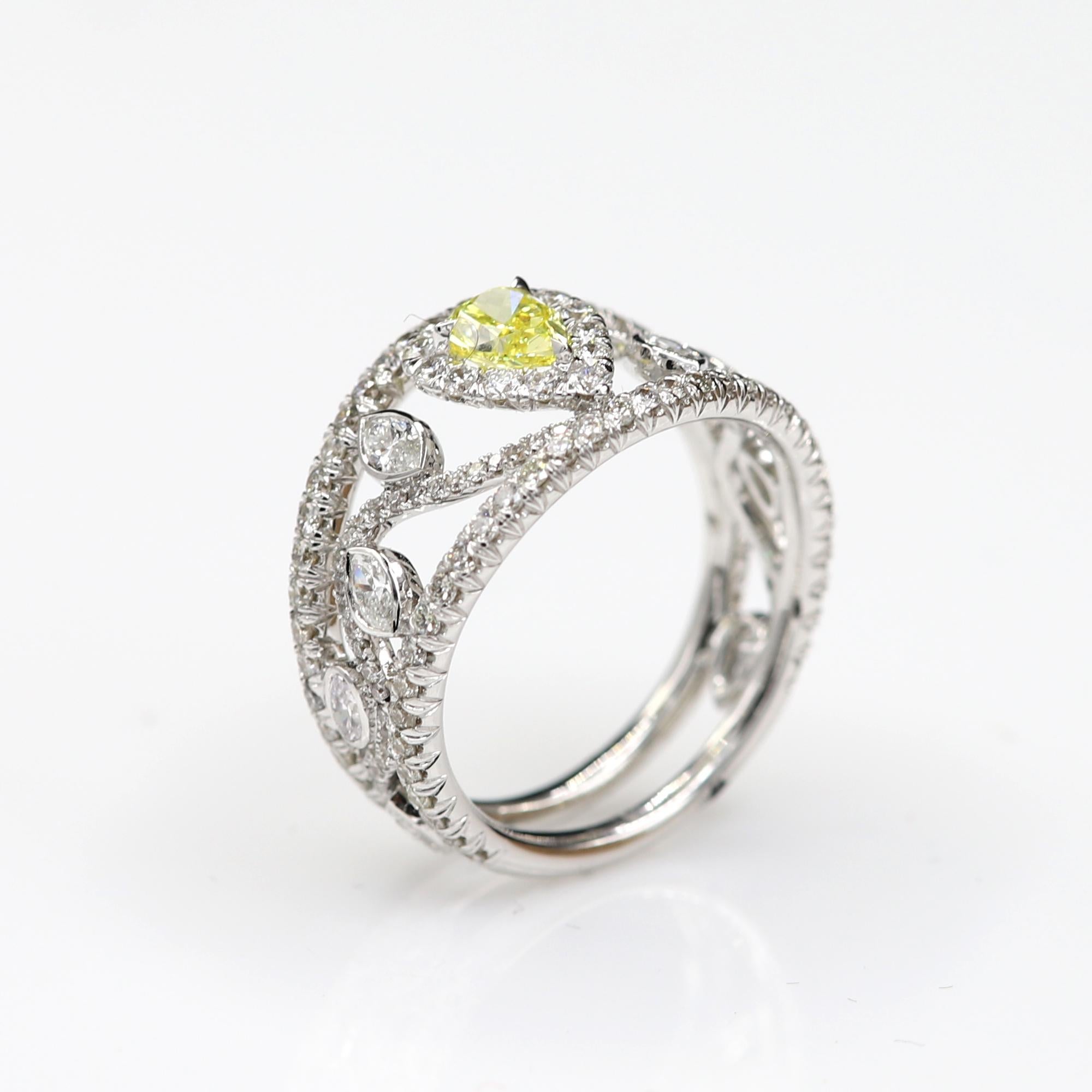 Yellow Pear Diamond Ring Mix Shape Diamonds 18 Karat Gold GIA Yellow Diamond 7