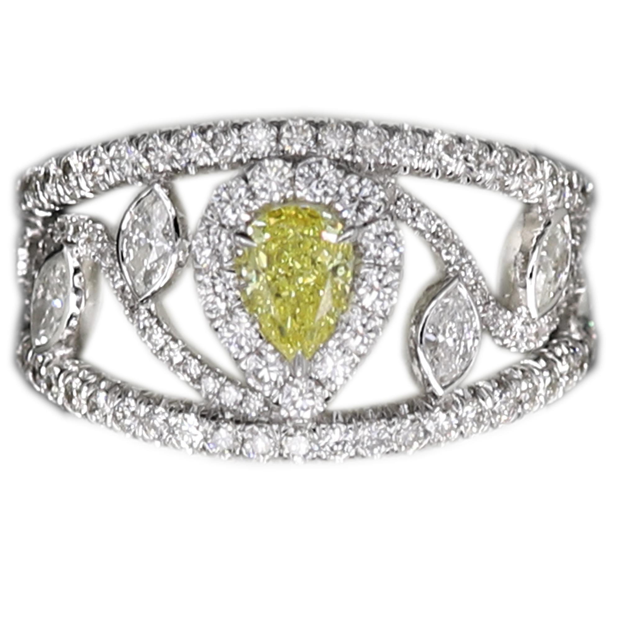 Yellow Pear Diamond Ring Mix Shape Diamonds 18 Karat Gold GIA Yellow Diamond  For Sale 9