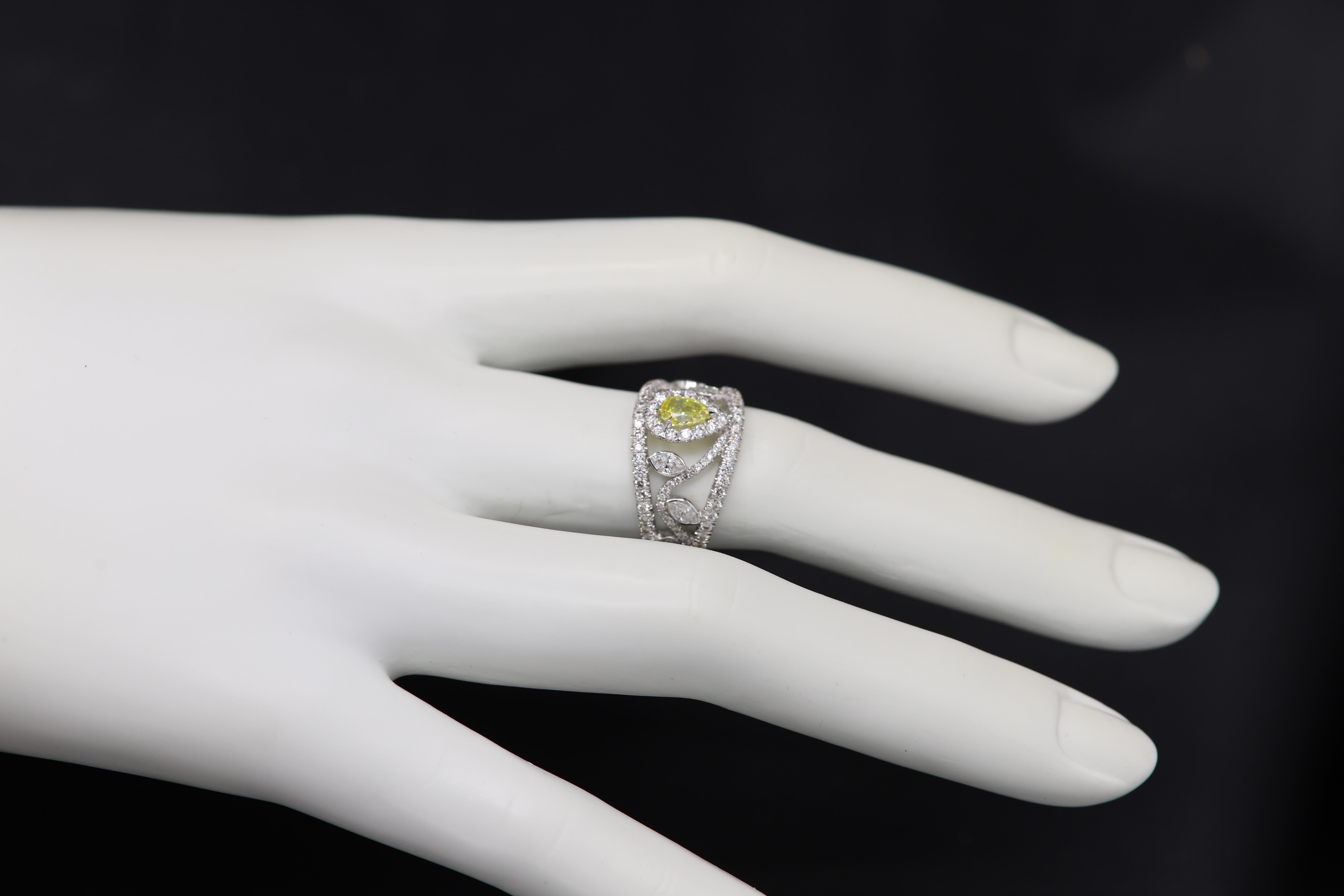 Yellow Pear Diamond Ring Mix Shape Diamonds 18 Karat Gold GIA Yellow Diamond  For Sale 2