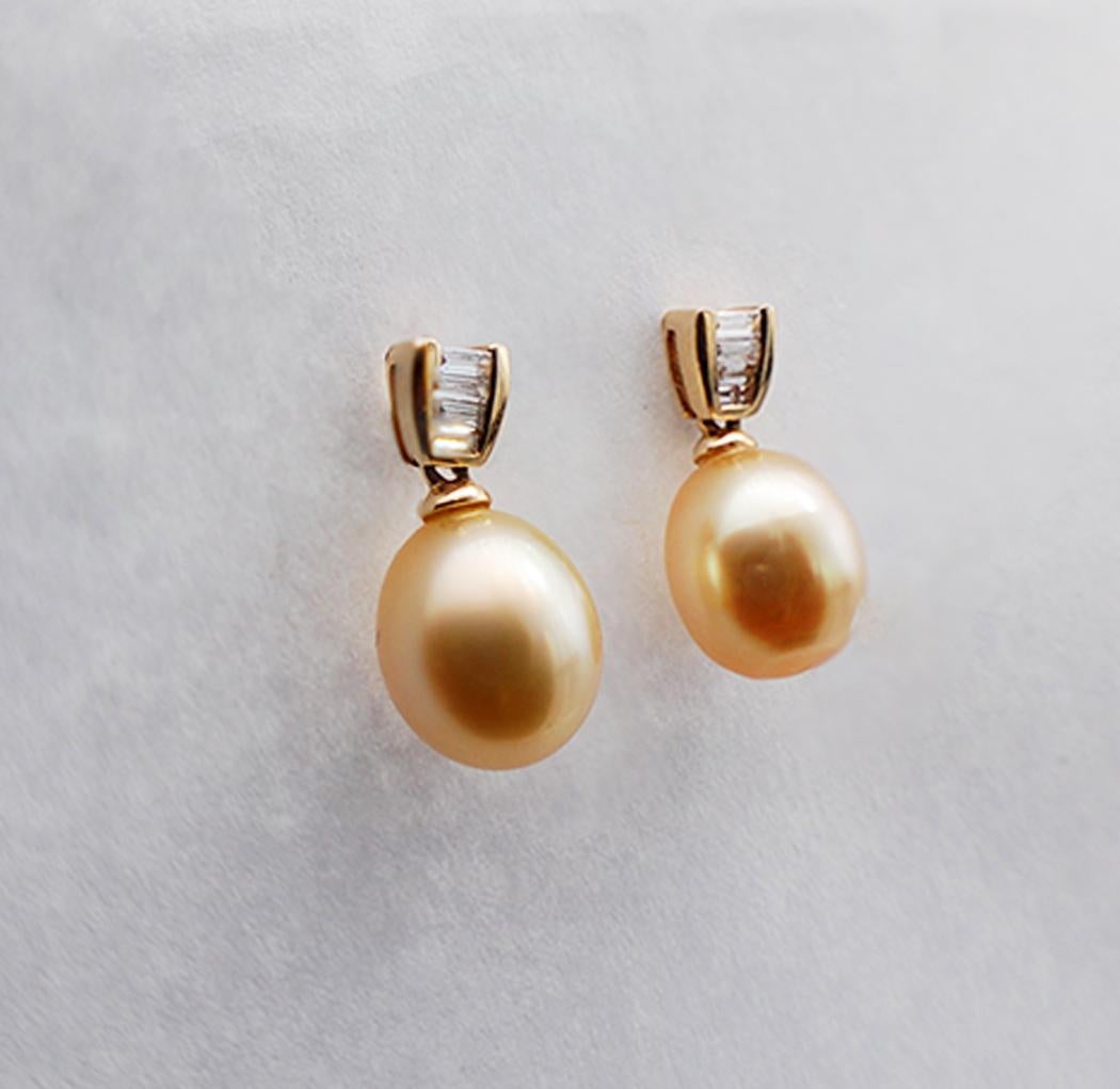 Yellow Pearl and .50 Carat Baguette Diamond Hanging Earrings VS Quality In New Condition For Sale In Laguna Hills, CA
