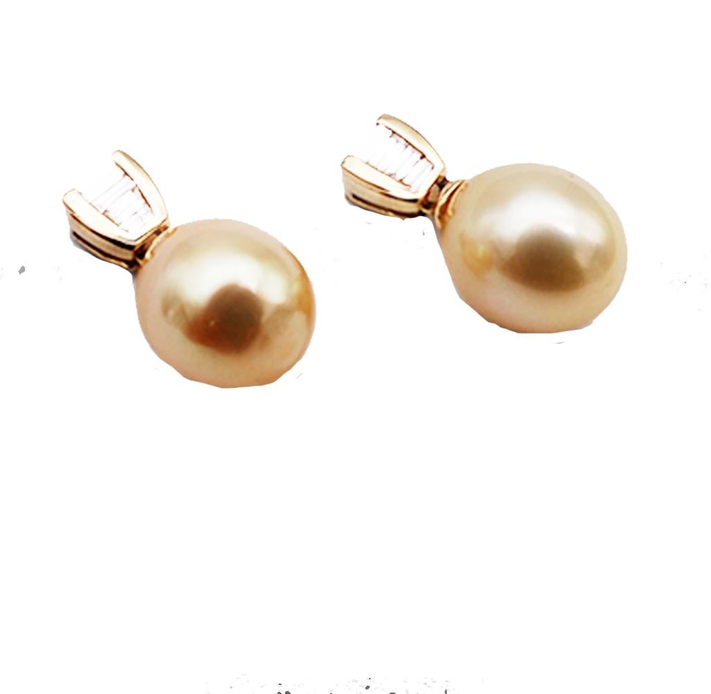 Women's Yellow Pearl and .50 Carat Baguette Diamond Hanging Earrings VS Quality For Sale