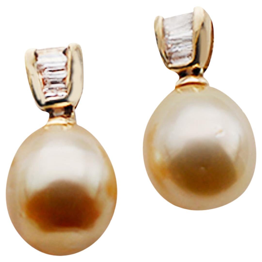 Yellow Pearl and .50 Carat Baguette Diamond Hanging Earrings VS Quality For Sale
