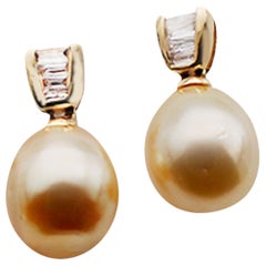 Yellow Pearl and .50 Carat Baguette Diamond Hanging Earrings VS Quality