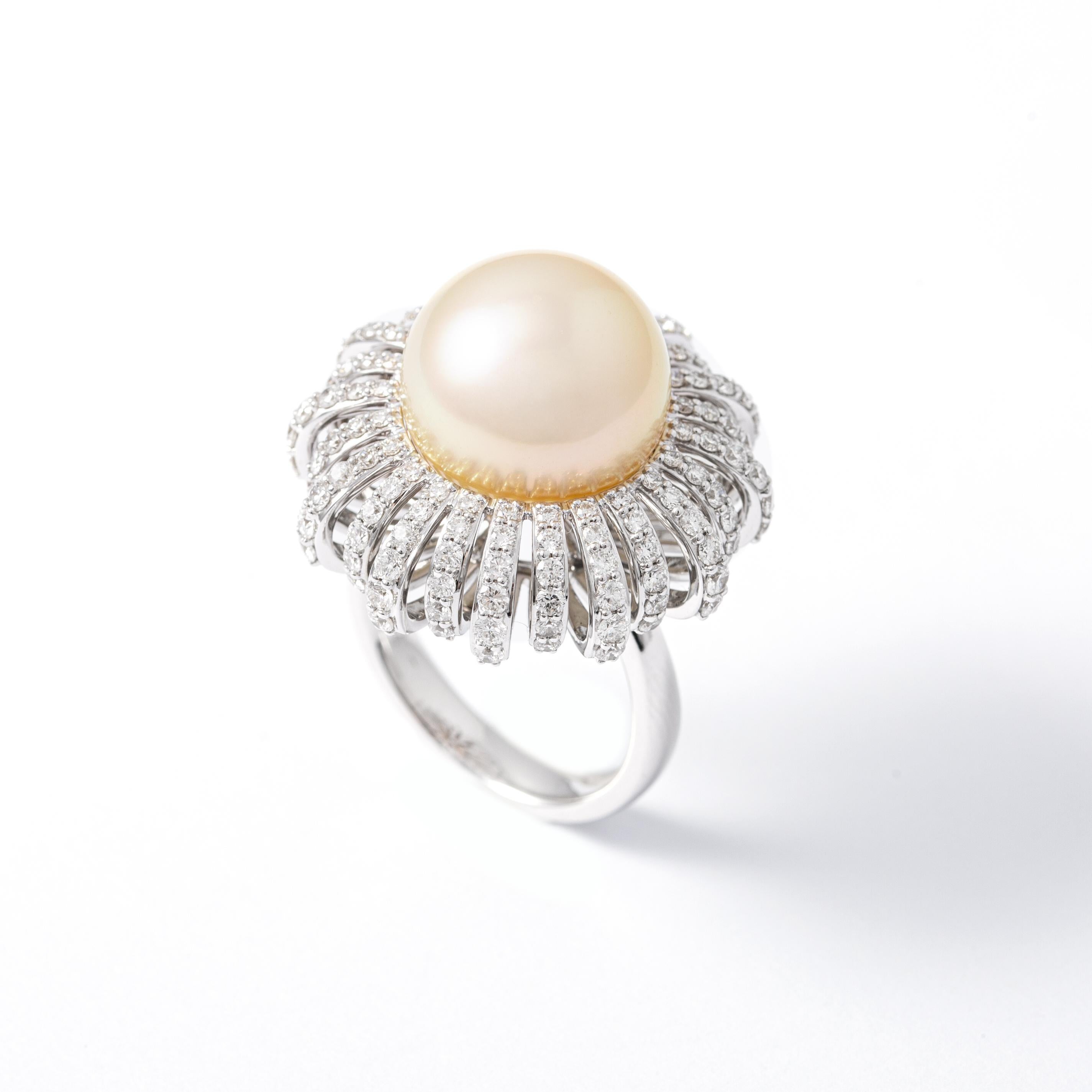 Women's Yellow Pearl and Diamond Gold Ring For Sale