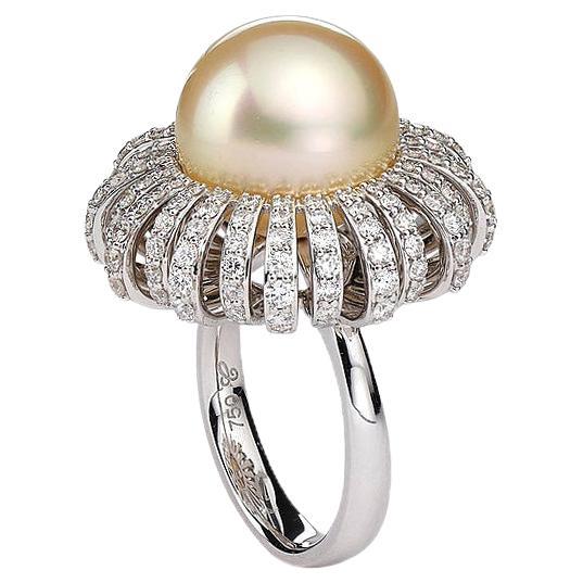 Yellow Pearl and Diamond Gold Ring For Sale