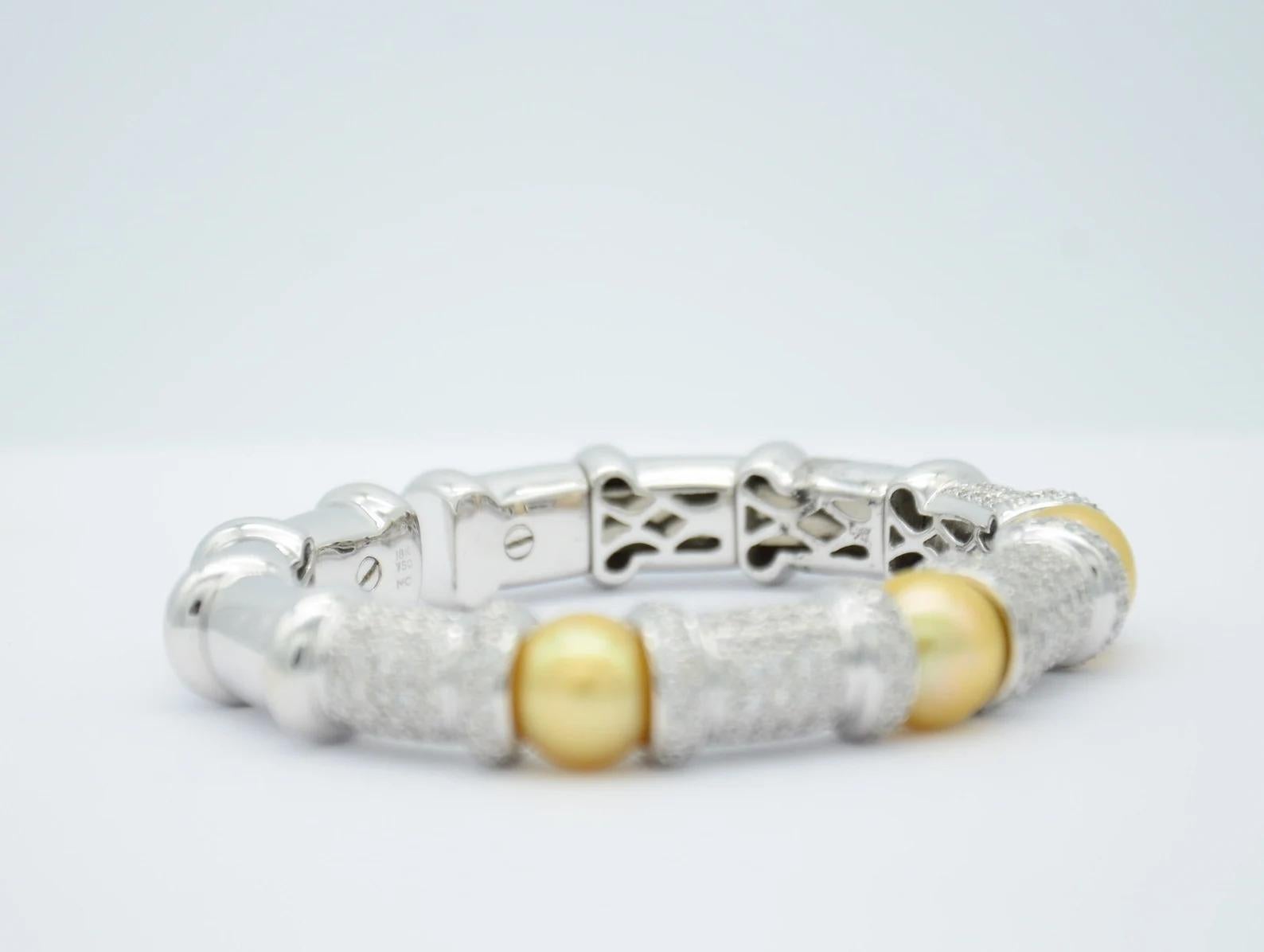 Round Cut Yellow Pearl, Diamond, and White Gold Flex Bangle Bracelet For Sale