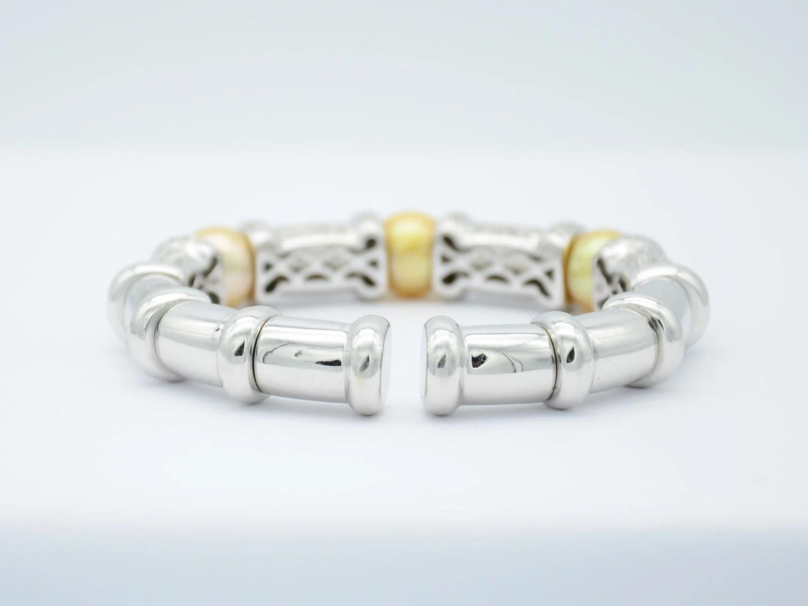 Yellow Pearl, Diamond, and White Gold Flex Bangle Bracelet In New Condition For Sale In New York, NY