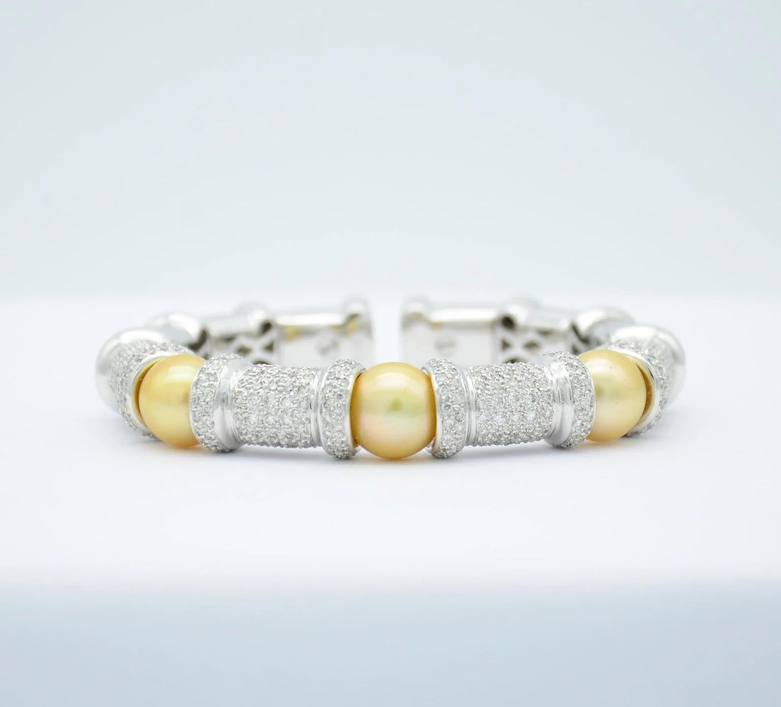Women's Yellow Pearl, Diamond, and White Gold Flex Bangle Bracelet For Sale
