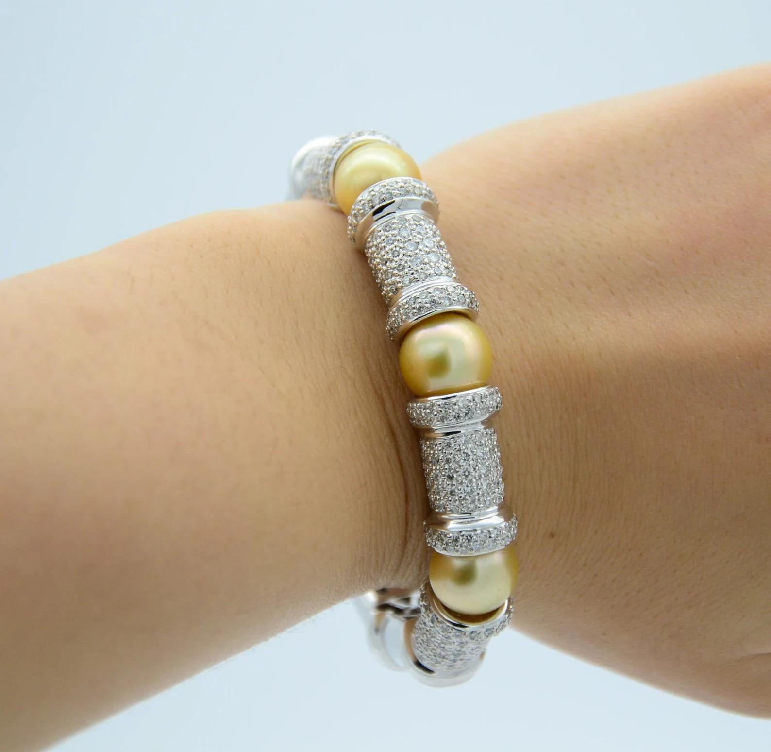 Yellow Pearl, Diamond, and White Gold Flex Bangle Bracelet For Sale 1