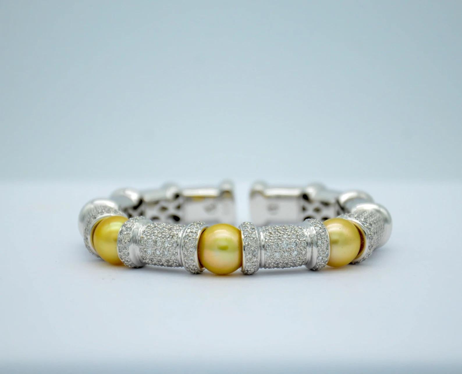 Yellow Pearl, Diamond, and White Gold Flex Bangle Bracelet For Sale 2