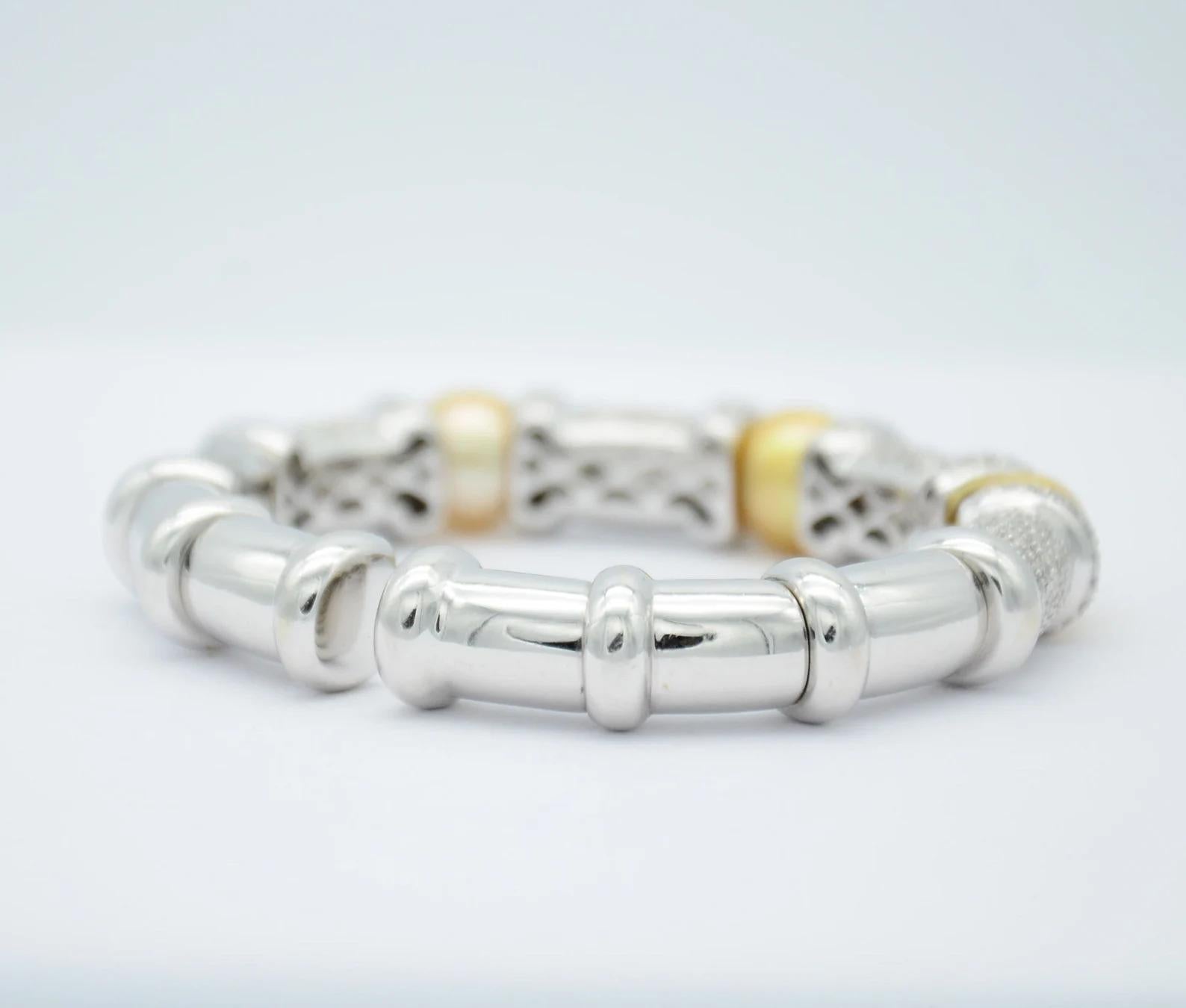 Yellow Pearl, Diamond, and White Gold Flex Bangle Bracelet For Sale 3