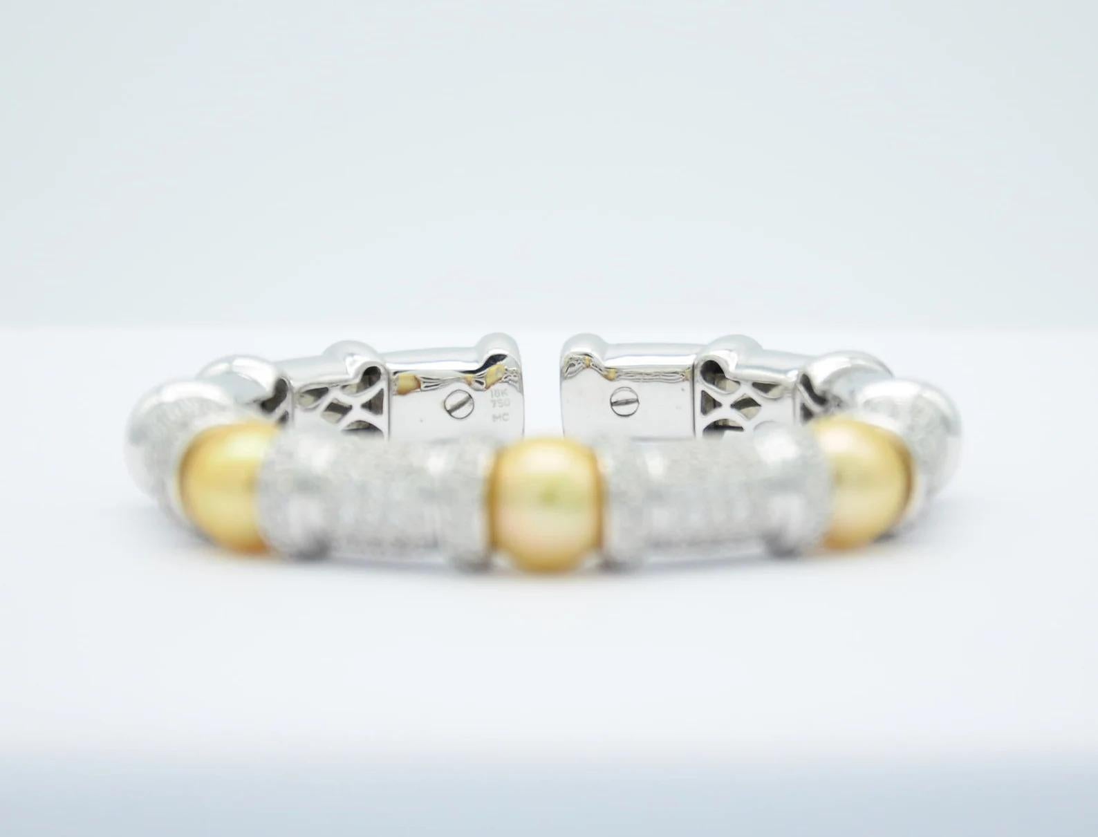 Yellow Pearl, Diamond, and White Gold Flex Bangle Bracelet For Sale 4