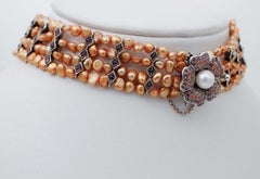 Yellow Pearls, Rubies, Garnets, Stones, White Pearl, Gold and Silver Choker Necklace
