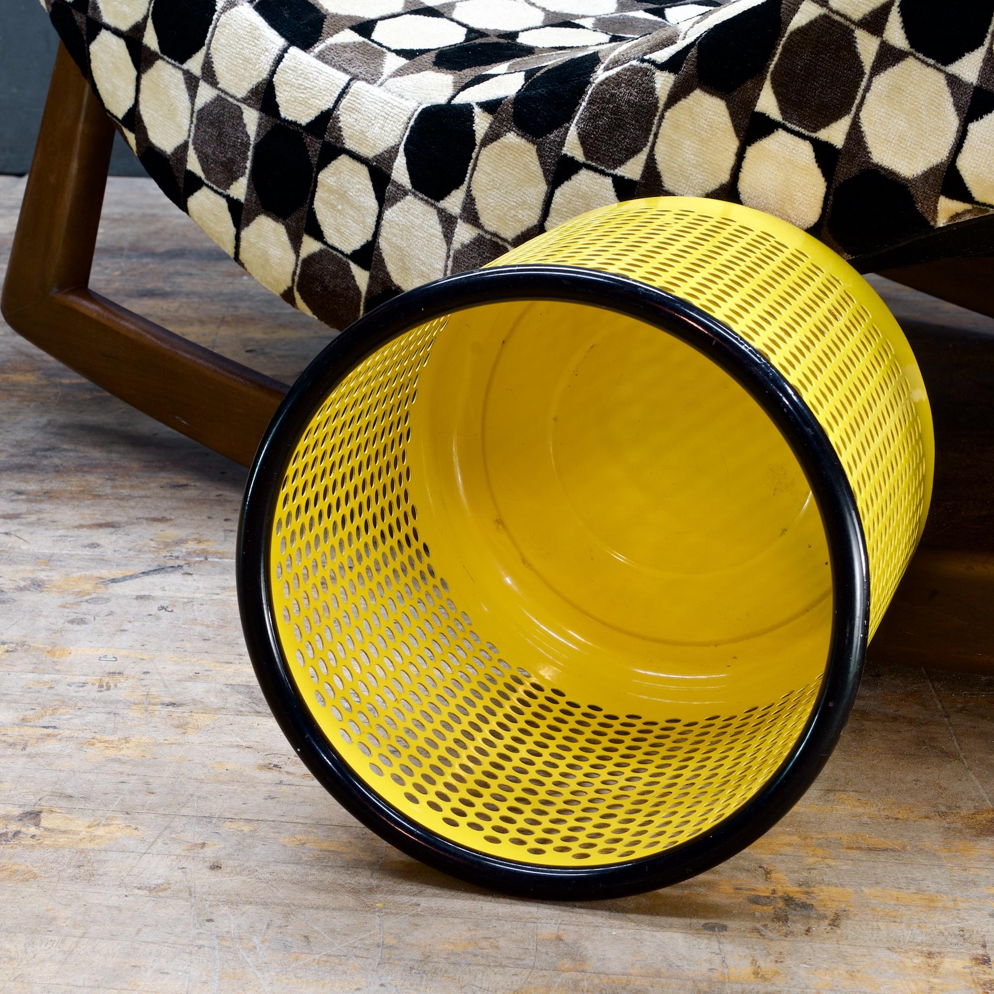 Mid-Century Modern Yellow Perforated Metal Office Wastebasket Trash Can Italy Memphis Sottsass