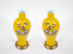 Yellow Perkins Glass Vase / Hand-Painted Chinoiserie Scene & Gilt Brass Base