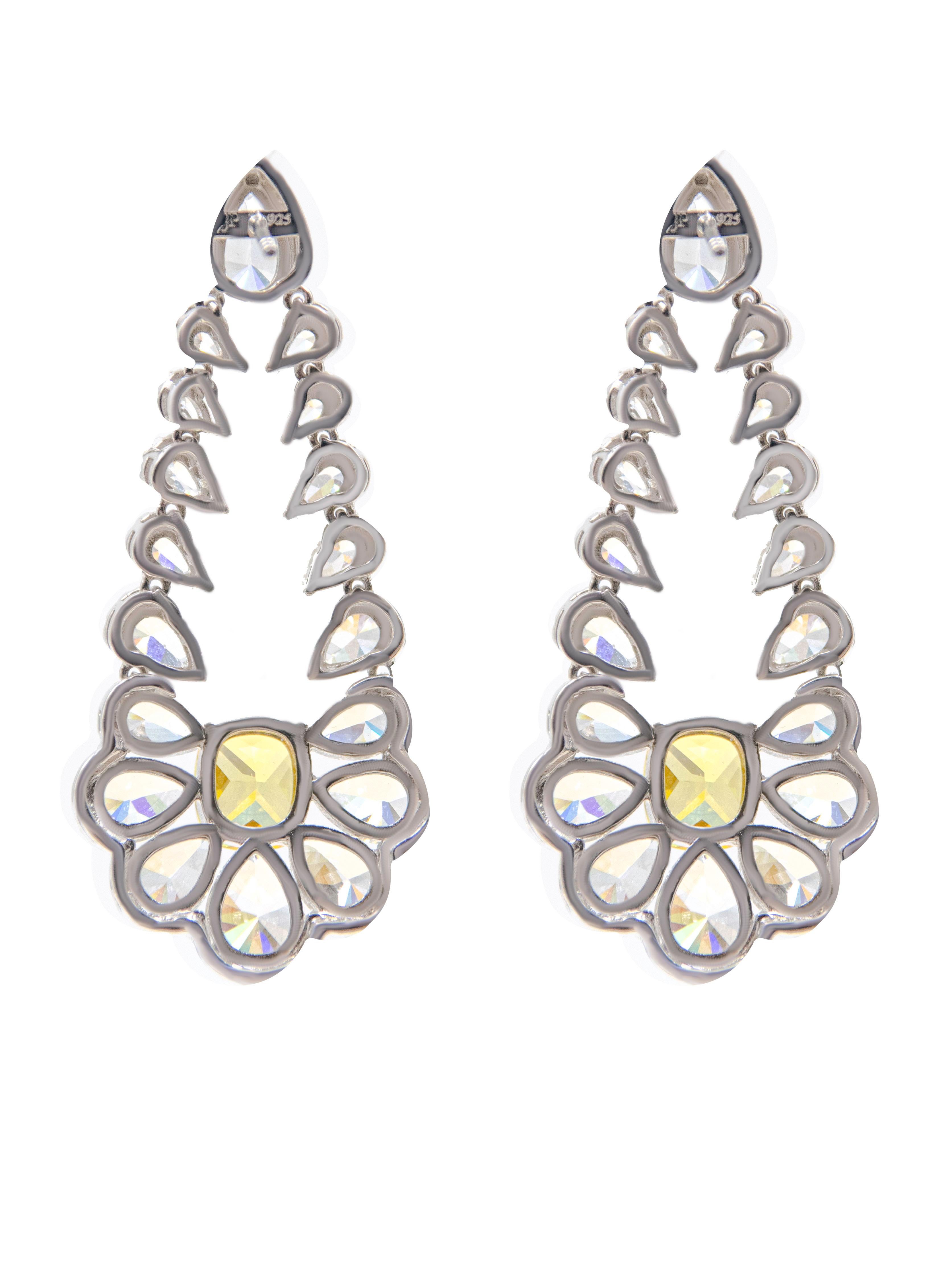 The Yellow Picard Earrings are a halo of round canary yellow stones. Carefully handset in Rhodium plated, 925 Sterling Silver, the pair make for a distinctive style statement. Add matching necklace to complete the look.

925 Sterling Silver with