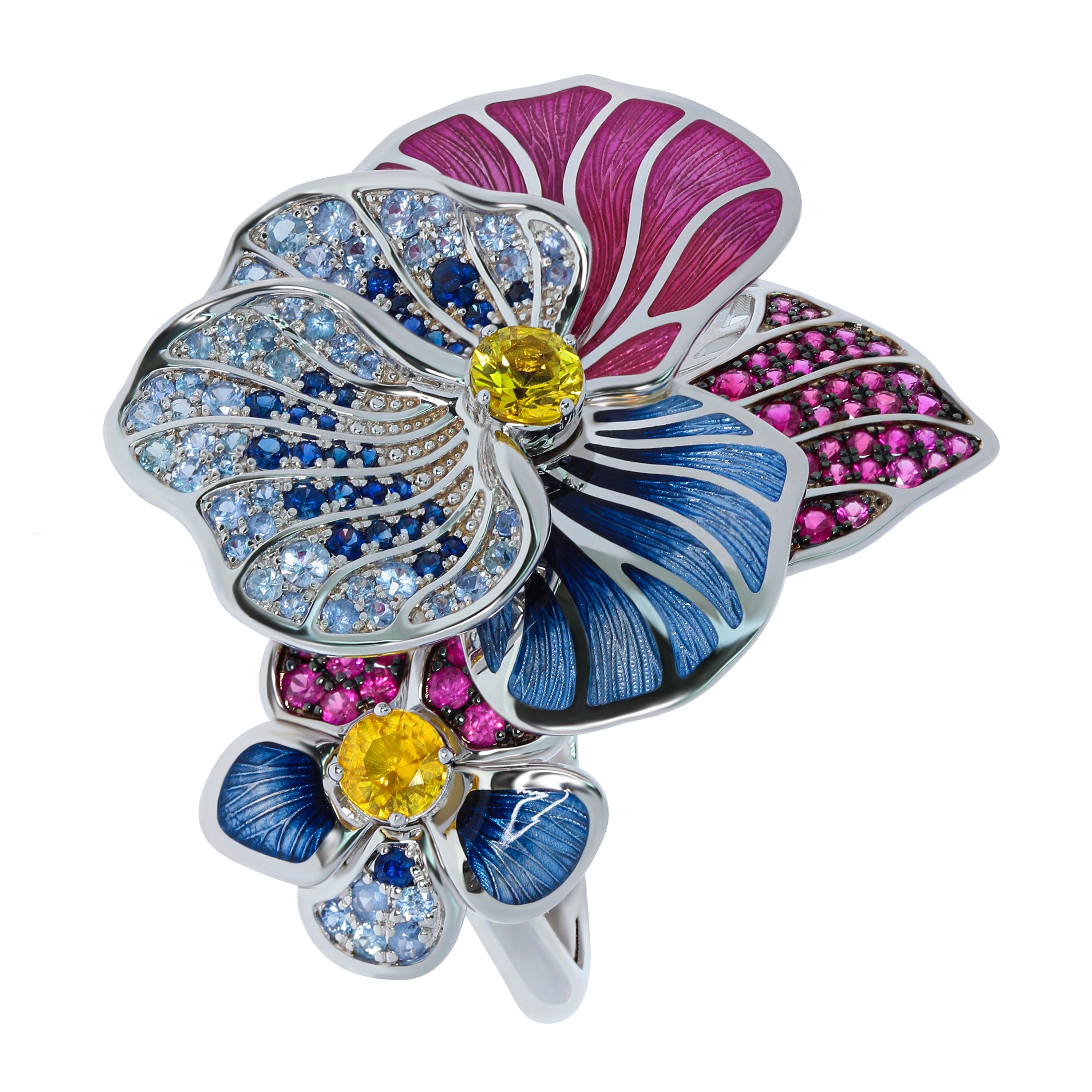 Yellow Pink Blue Sapphires Ruby 18 Karat White Gold Violet Ring
Violets have long been a symbol of love and loyalty. For artists, violets are certainly an inexhaustible source of inspiration. So our designers did not pass by. Big and small flowers