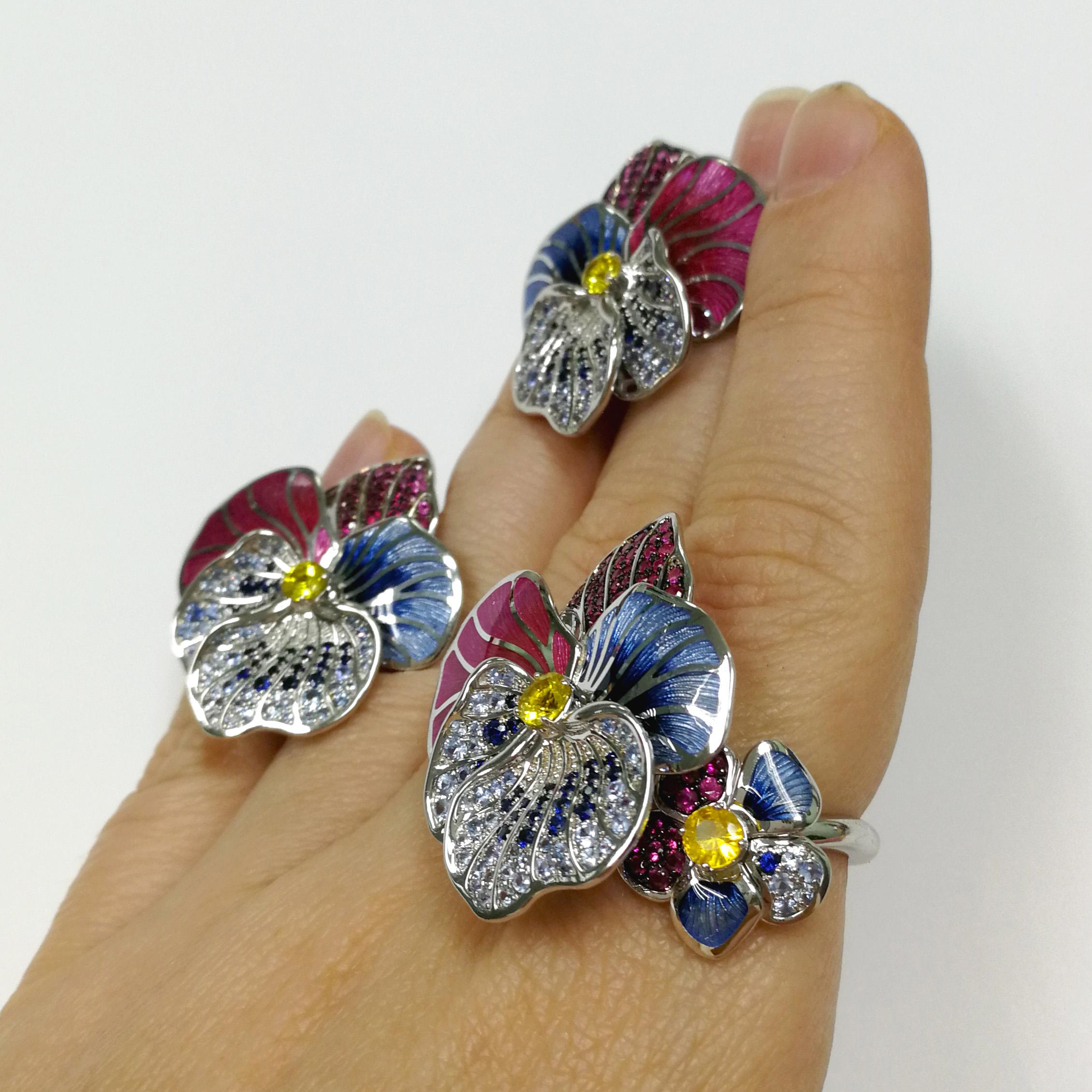 Contemporary Yellow Pink Blue Sapphires Ruby 18 Karat White Gold Violet Suite For Sale