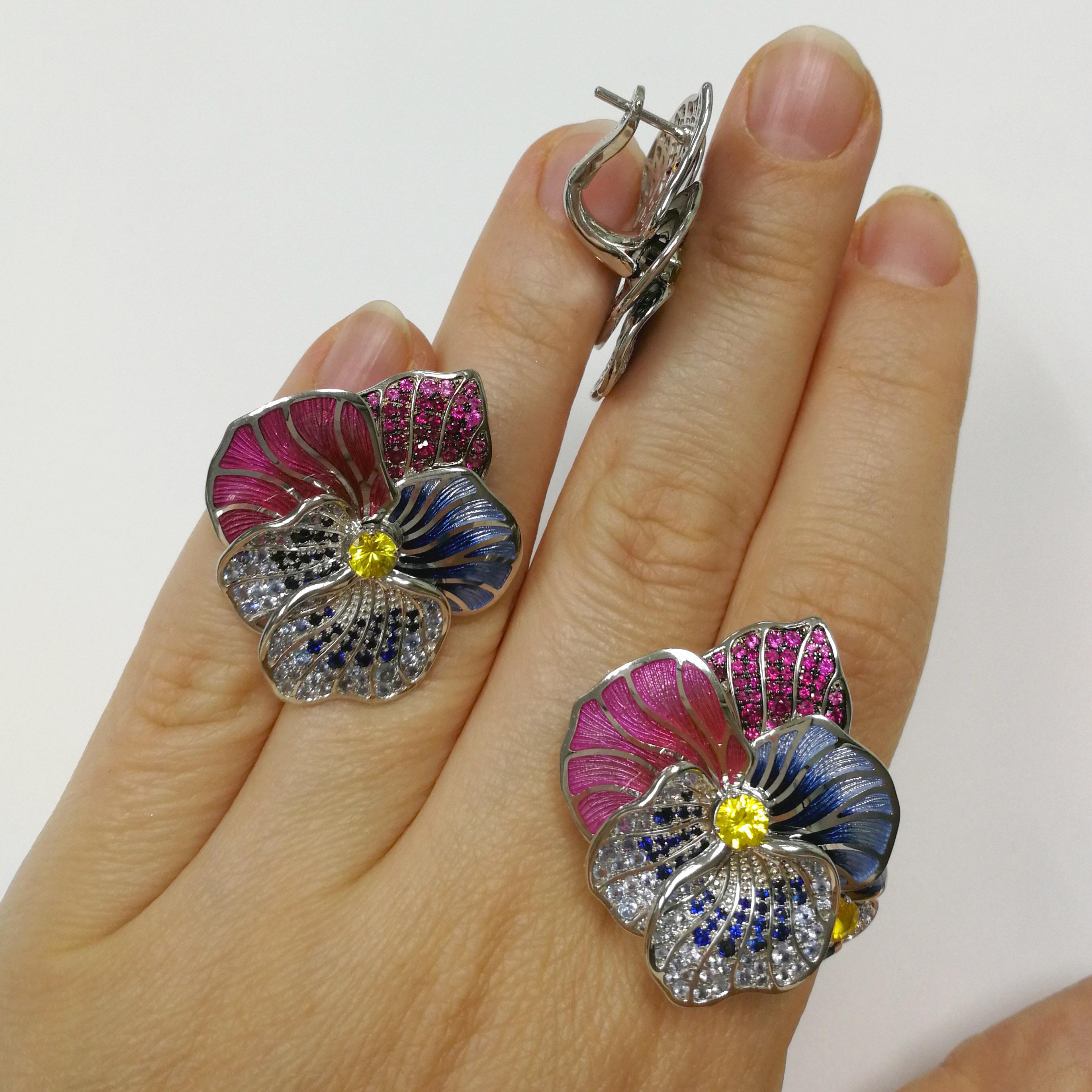 Yellow Pink Blue Sapphires Ruby 18 Karat White Gold Violet Suite For Sale 1