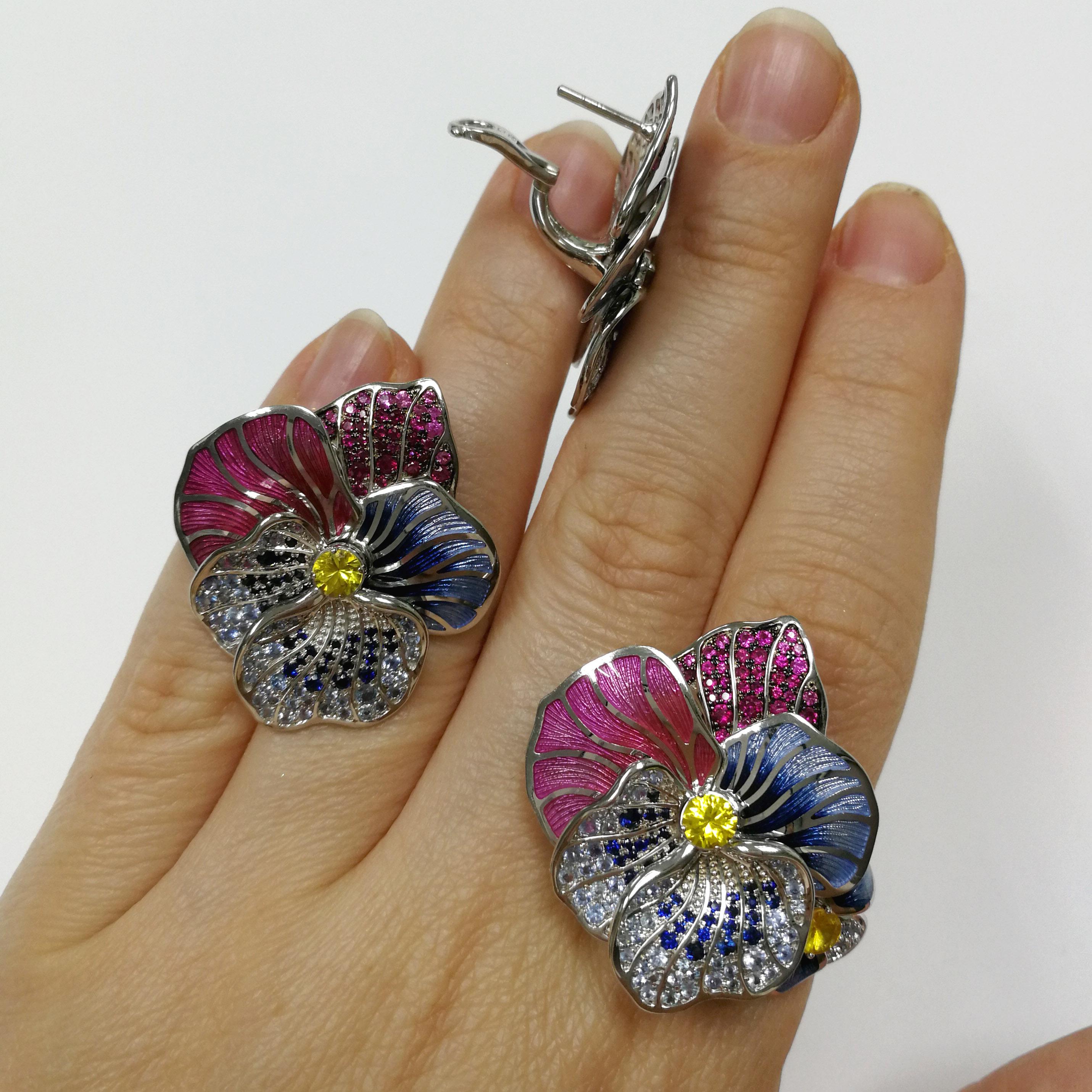 Yellow Pink Blue Sapphires Ruby 18 Karat White Gold Violet Suite For Sale 2