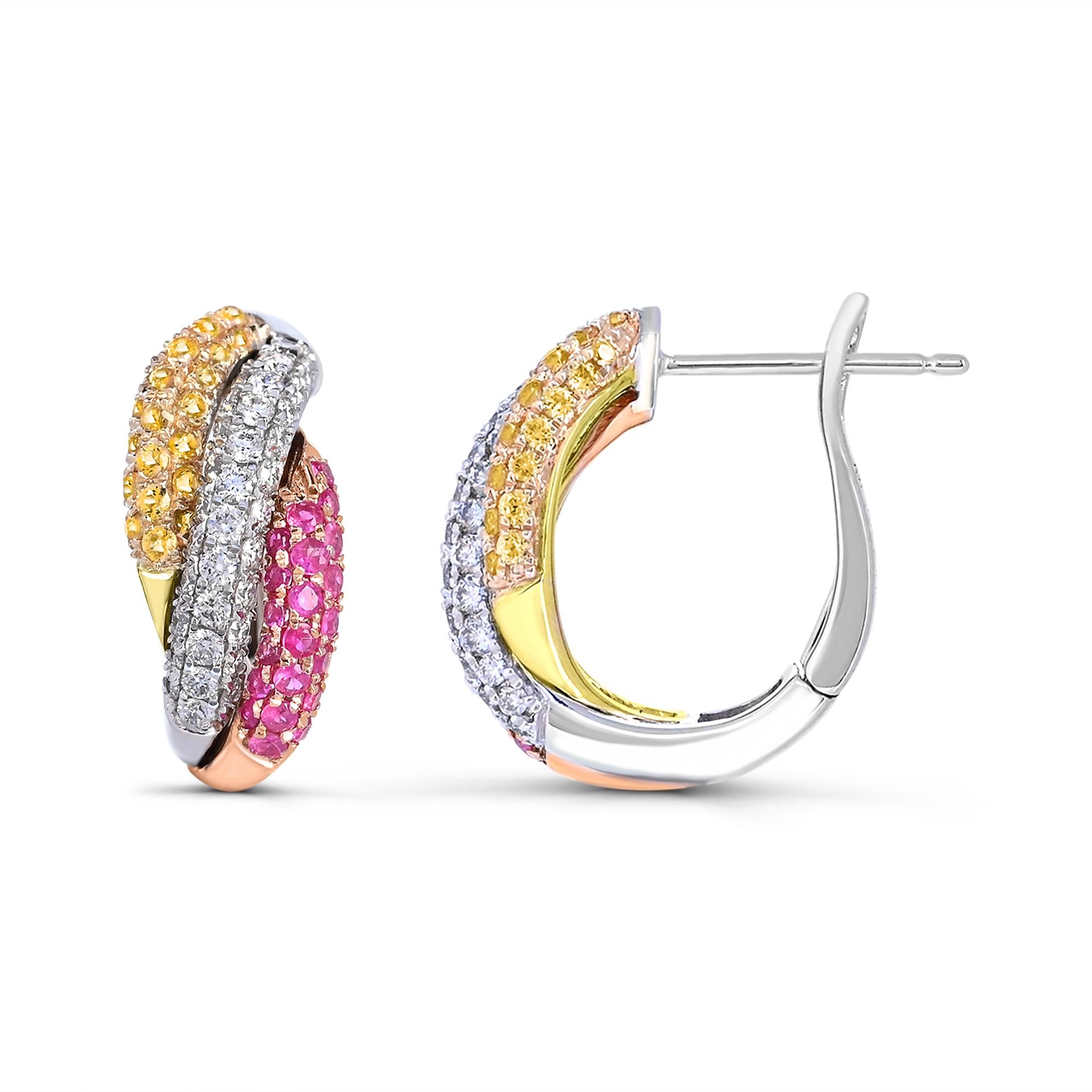Crafted with exquisite attention to detail, these earrings feature the perfect combination of 14K yellow, pink, and white gold. The AA quality round full cut white diamonds add breathtaking sparkles, while the yellow and pink round sapphires bring