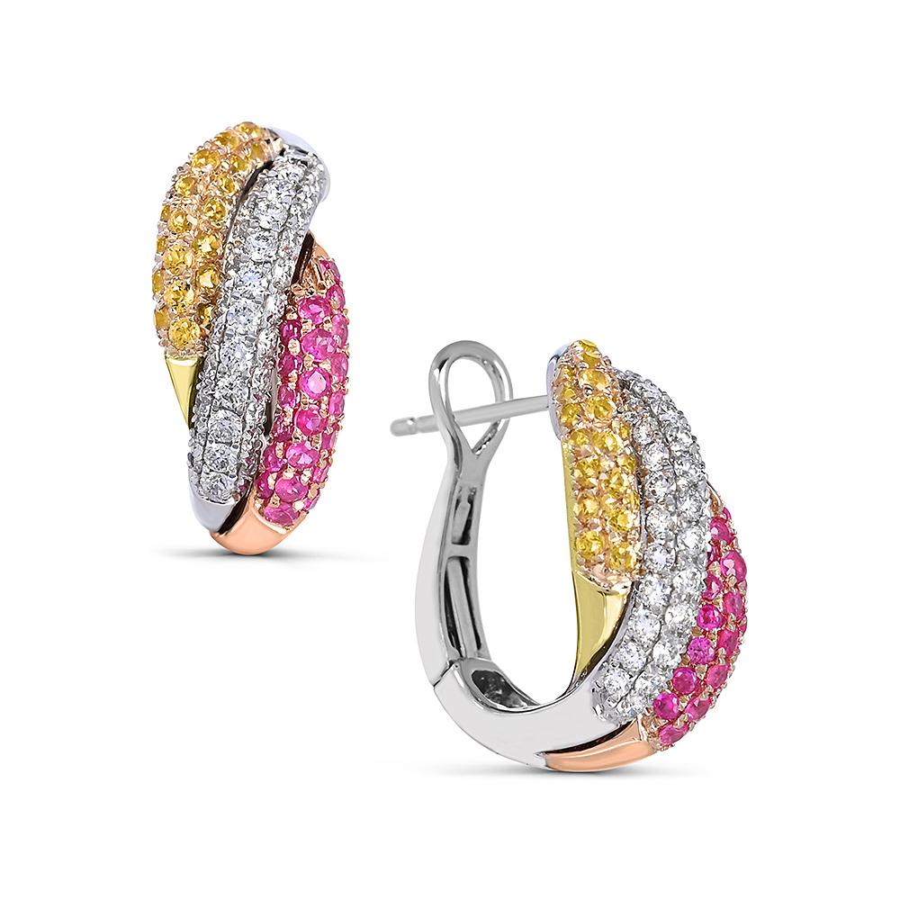 Contemporary 1-7/8 ct. Yellow/Pink Sapphire and White Diamond Bypass 14K 3-Tone Gold Earrings For Sale