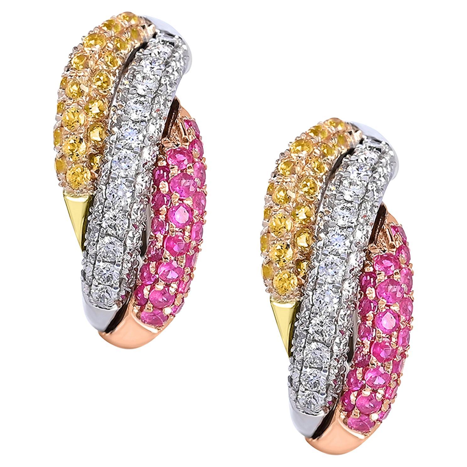 1-7/8 ct. Yellow/Pink Sapphire and White Diamond Bypass 14K 3-Tone Gold Earrings For Sale