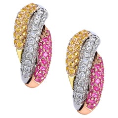 Yellow / Pink Sapphire and White Diamond Bypass 14K 3-Tone Gold Latch Earrings